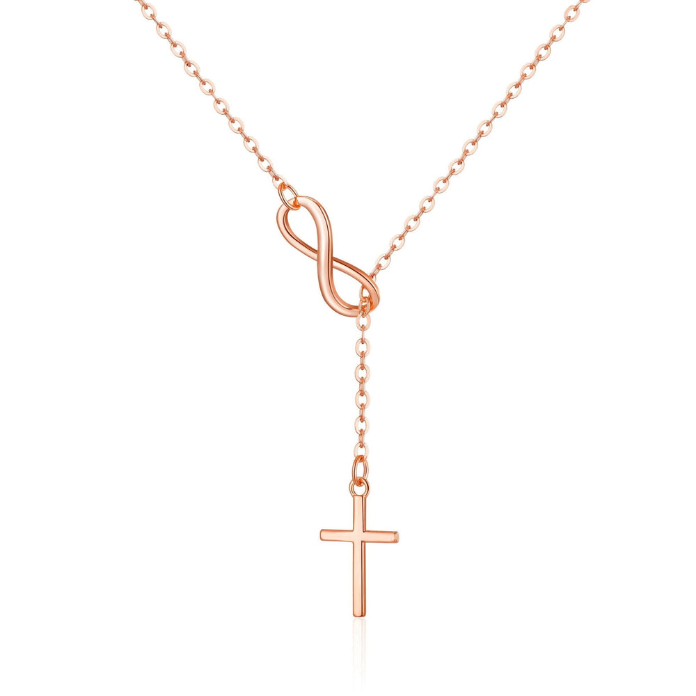 Rose Gold Plated Infinity with Cross Lariat Necklace