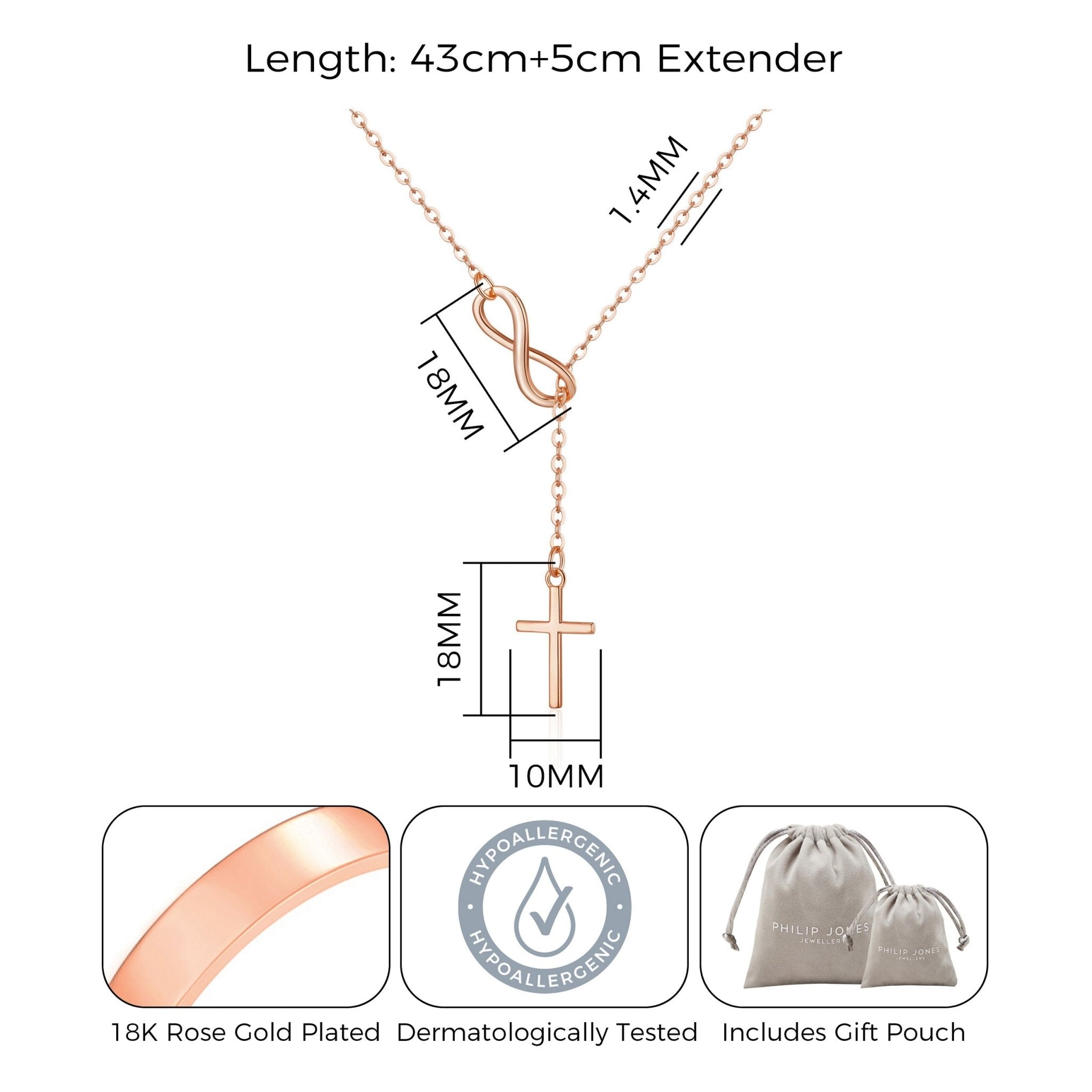 Rose Gold Plated Infinity with Cross Lariat Necklace
