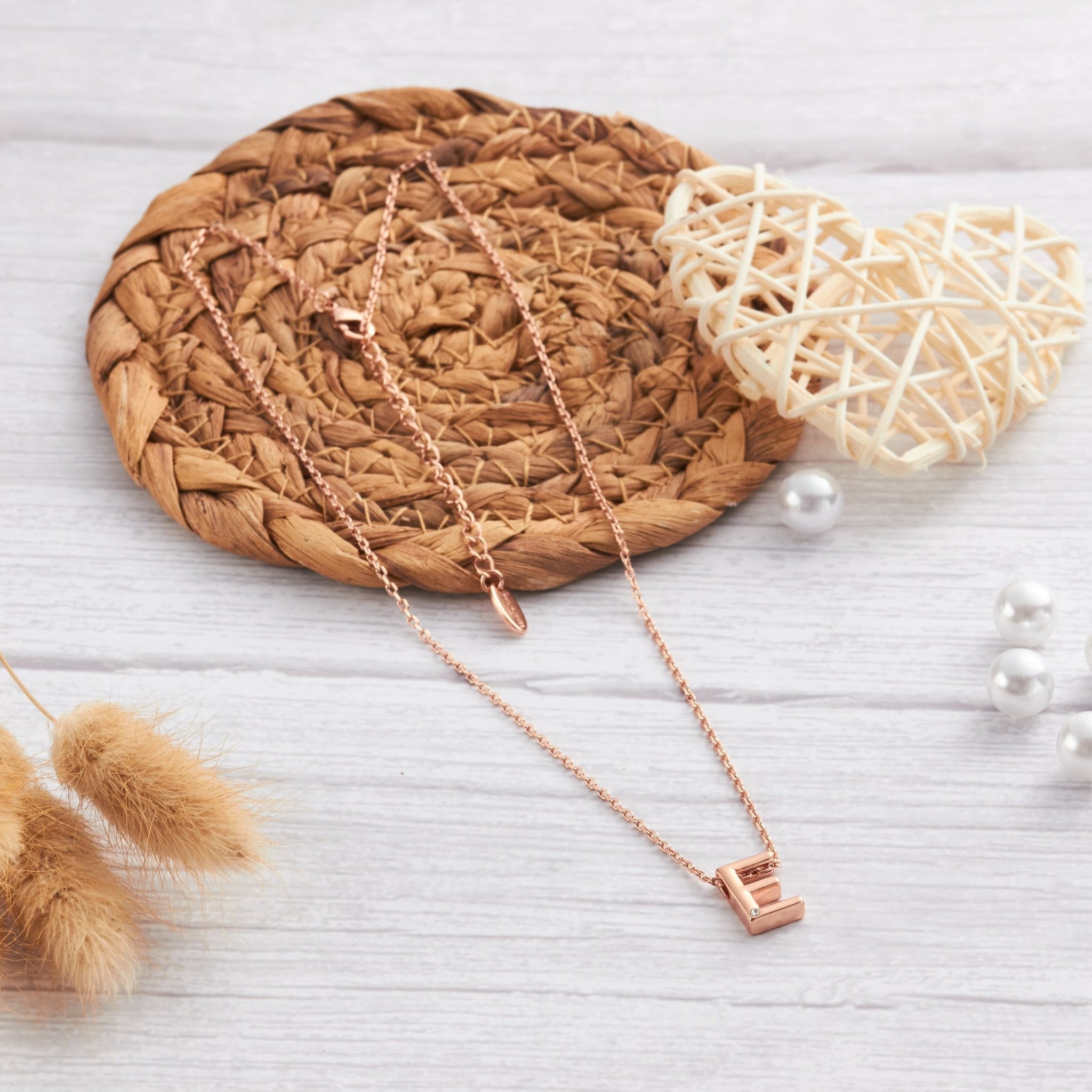 Rose Gold Plated Initial Necklace Letter E Created with Zircondia® Crystals