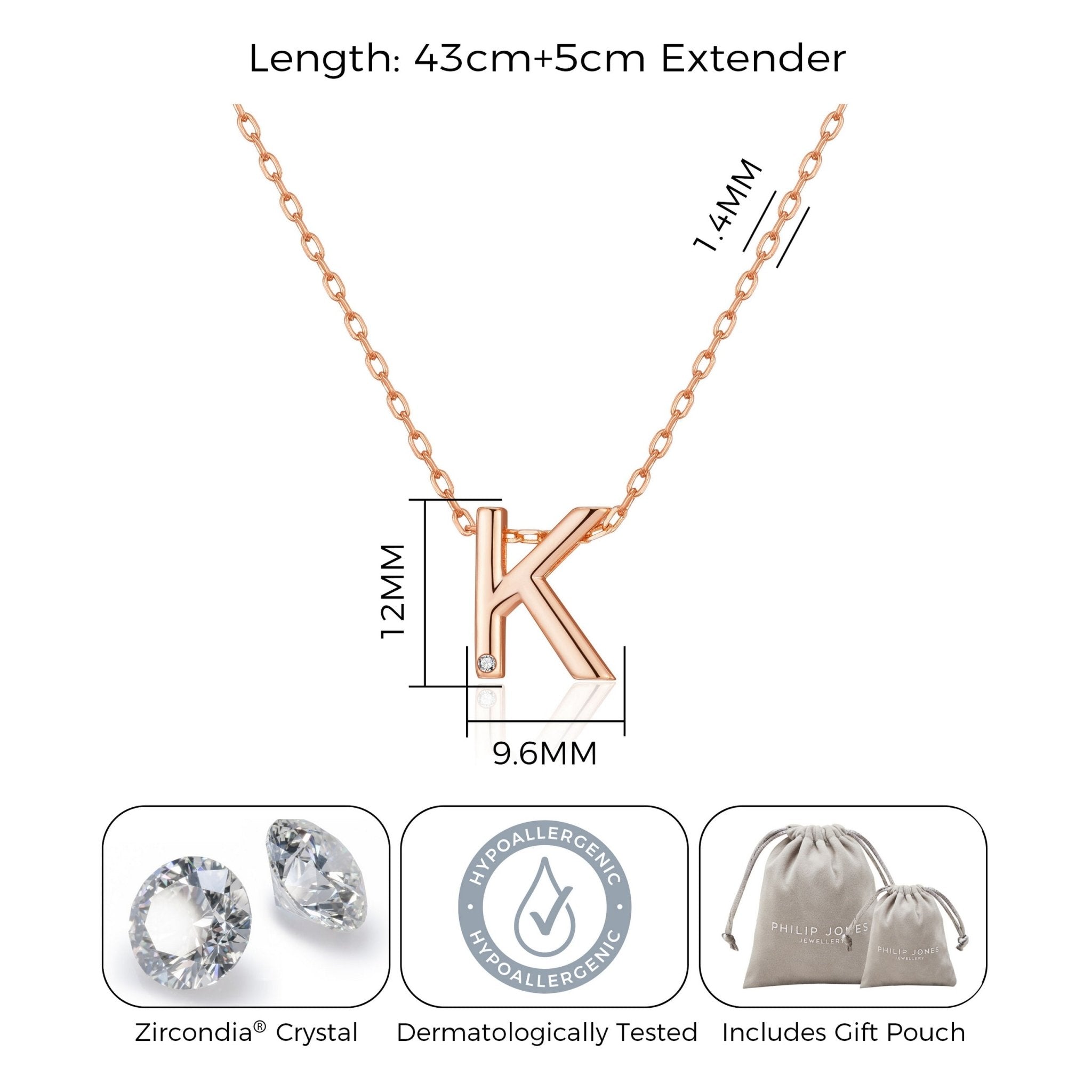 Rose Gold Plated Initial Necklace Letter K Created with Zircondia® Crystals