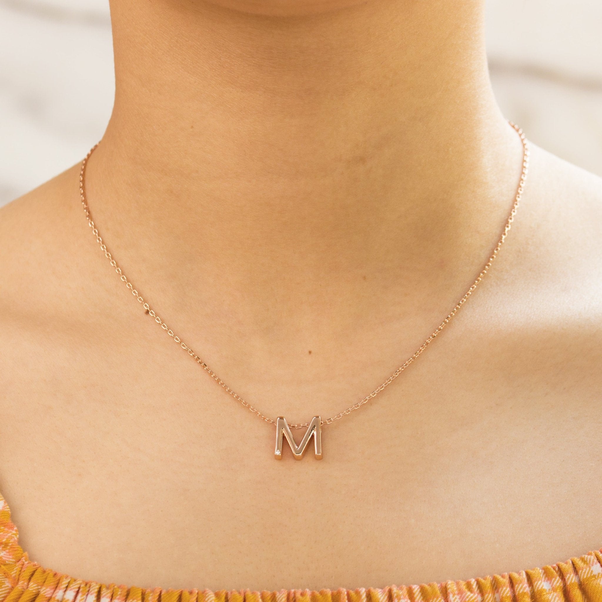 Rose Gold Plated Initial Necklace Letter M Created with Zircondia® Crystals