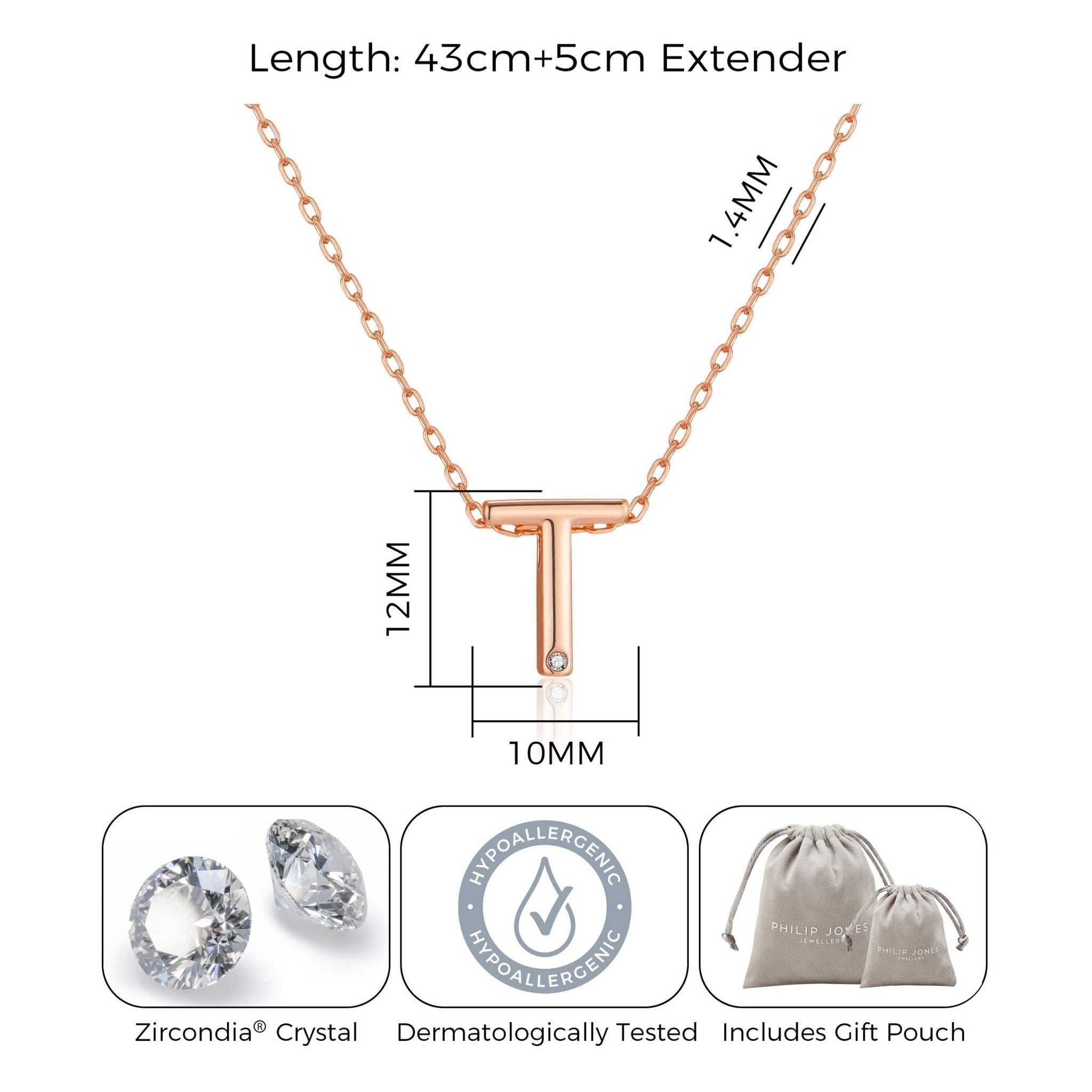 Rose Gold Plated Initial Necklace Letter T Created with Zircondia® Crystals