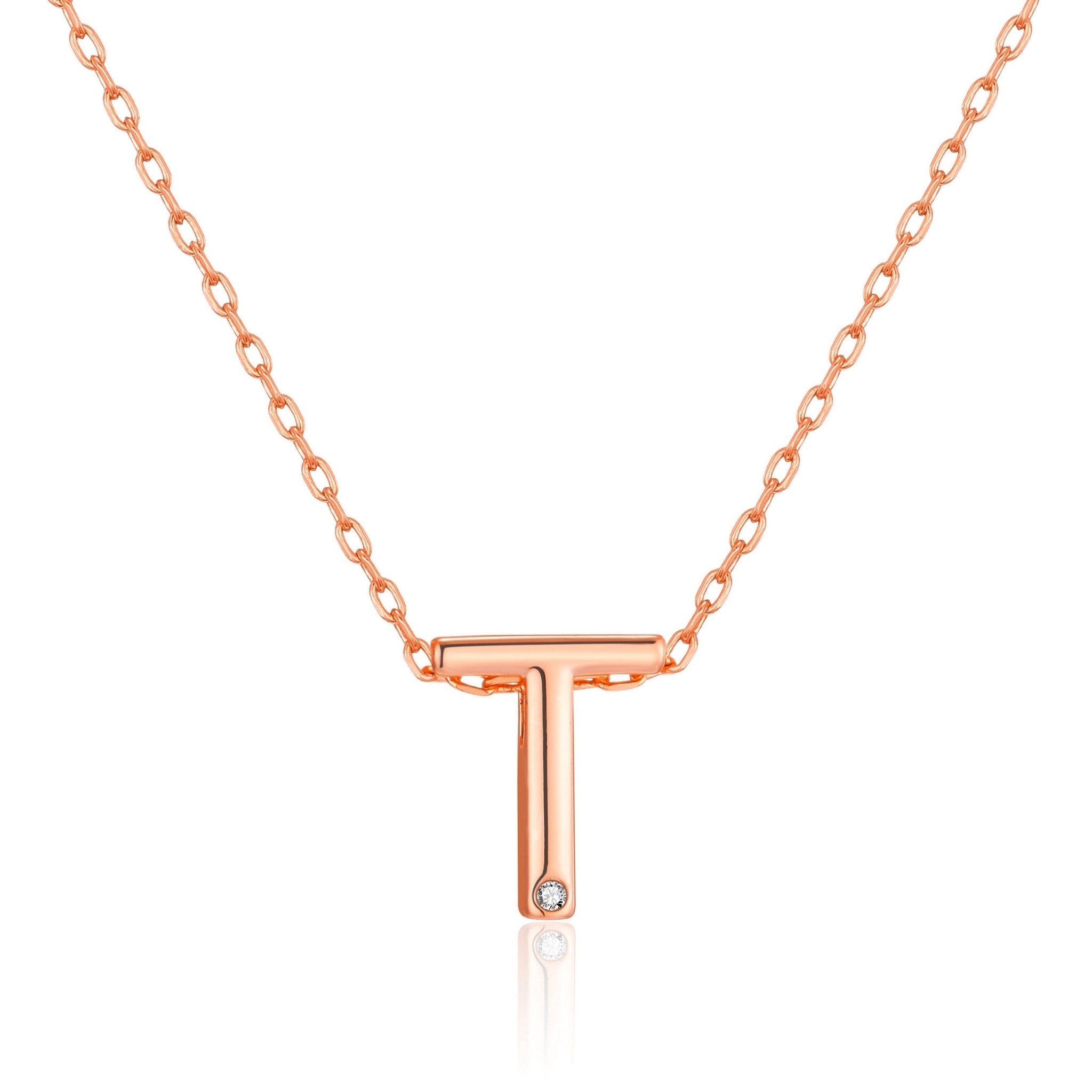 Rose Gold Plated Initial Necklace Letter T Created with Zircondia® Crystals