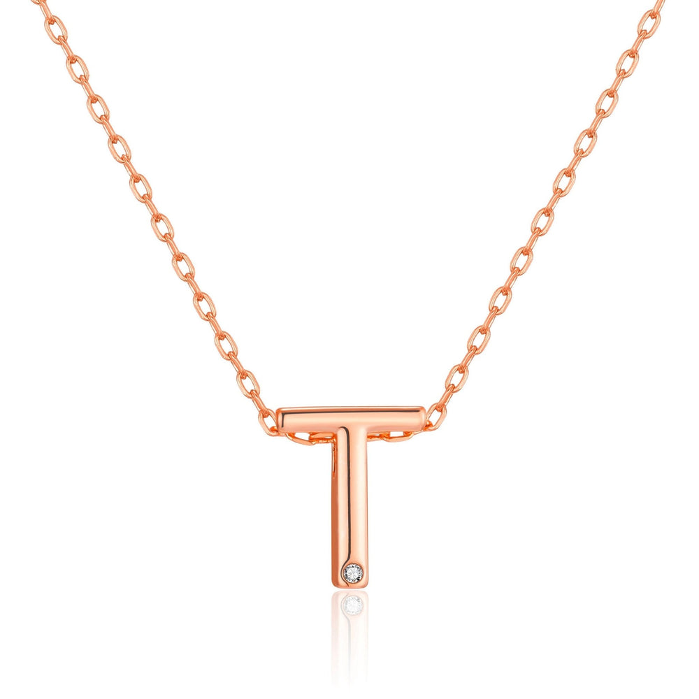 Rose Gold Plated Initial Necklace Letter T Created with Zircondia® Crystals