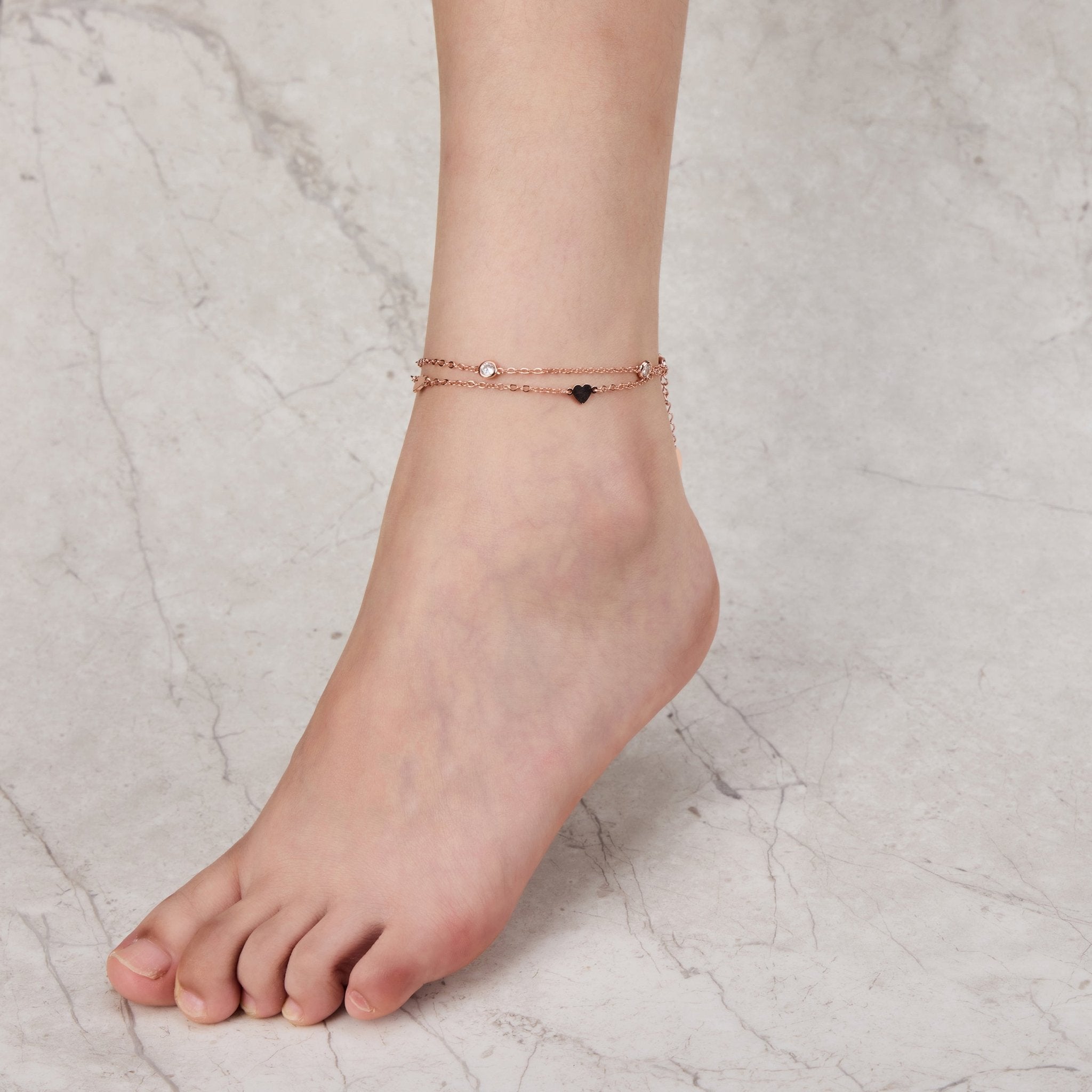 Rose Gold Plated Layered Heart Anklet Created with Zircondia® Crystals
