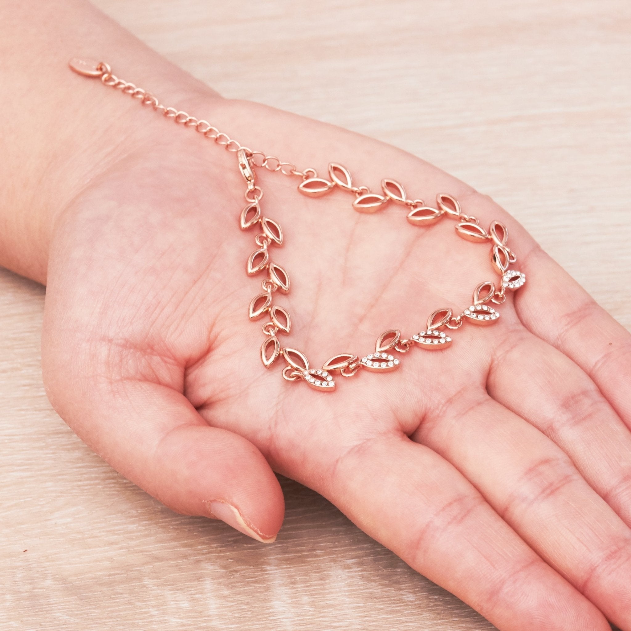 Rose Gold Plated Leaf Bracelet Created With Crystals From Zircondia®