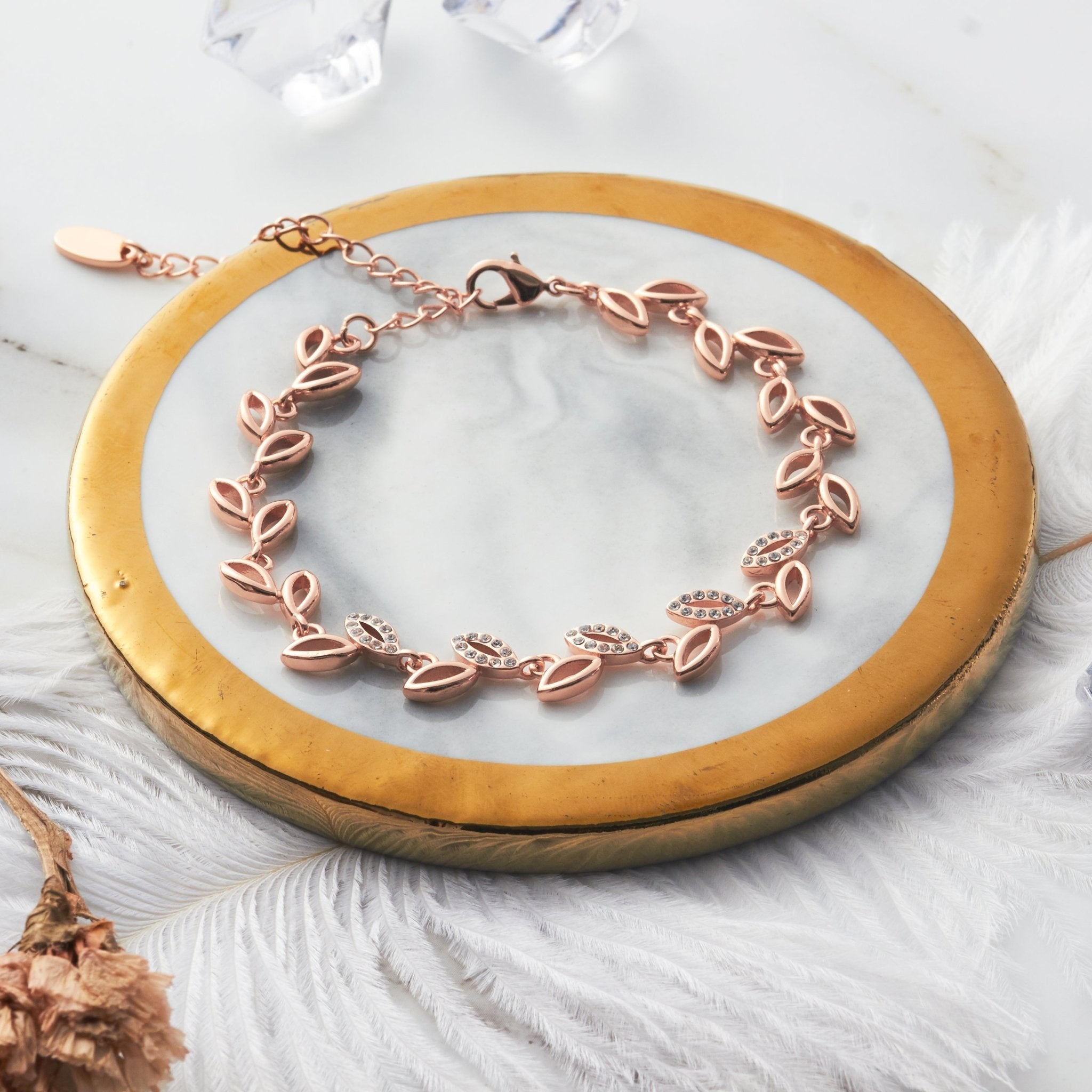 Rose Gold Plated Leaf Bracelet Created With Crystals From Zircondia®