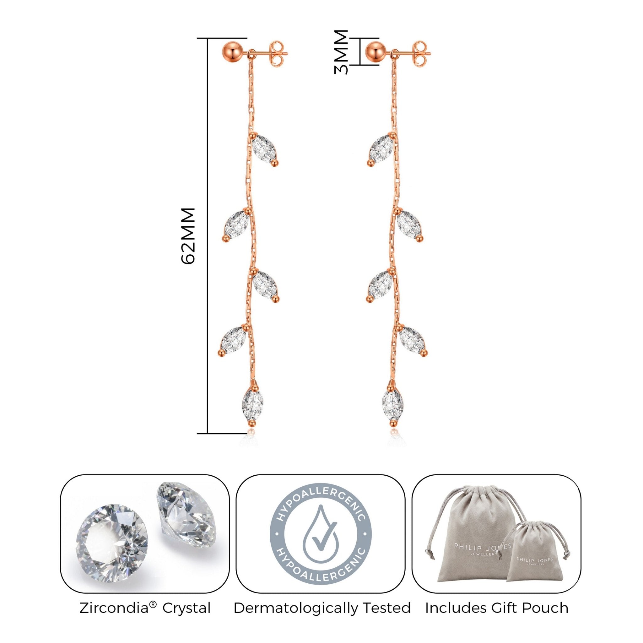 Rose Gold Plated Leaf Dangle Earrings Created with Zircondia® Crystals