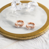 Rose Gold Plated Leaf Hoop Earrings Created with Zircondia® Crystals