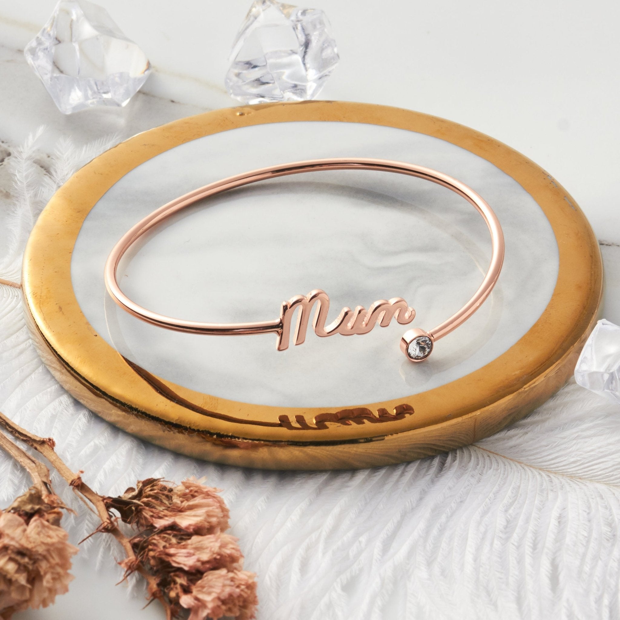 Rose Gold Plated Mum Cuff Bangle Created with Zircondia® Crystals