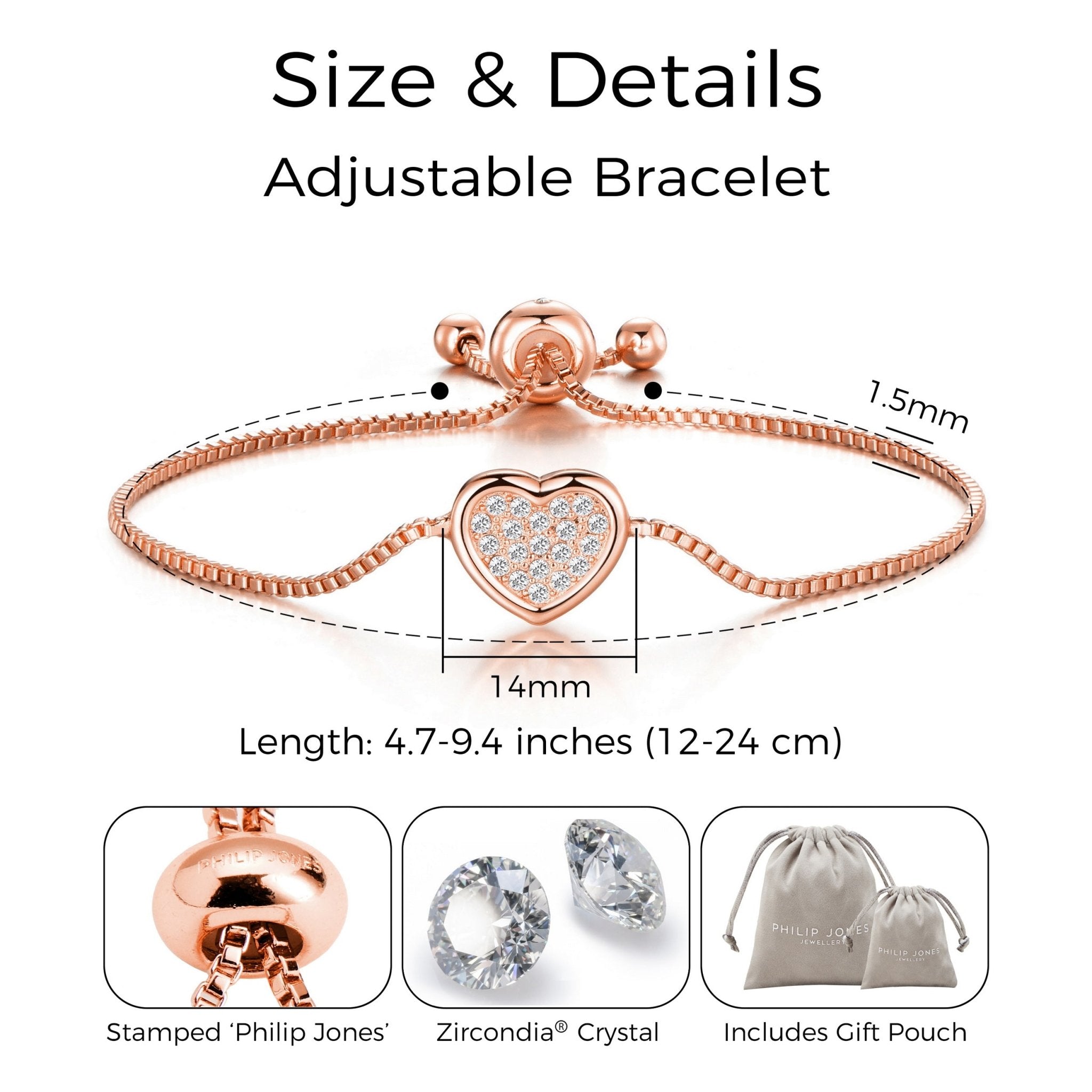 Rose Gold Plated Pave Heart Friendship Bracelet Created with Zircondia® Crystals
