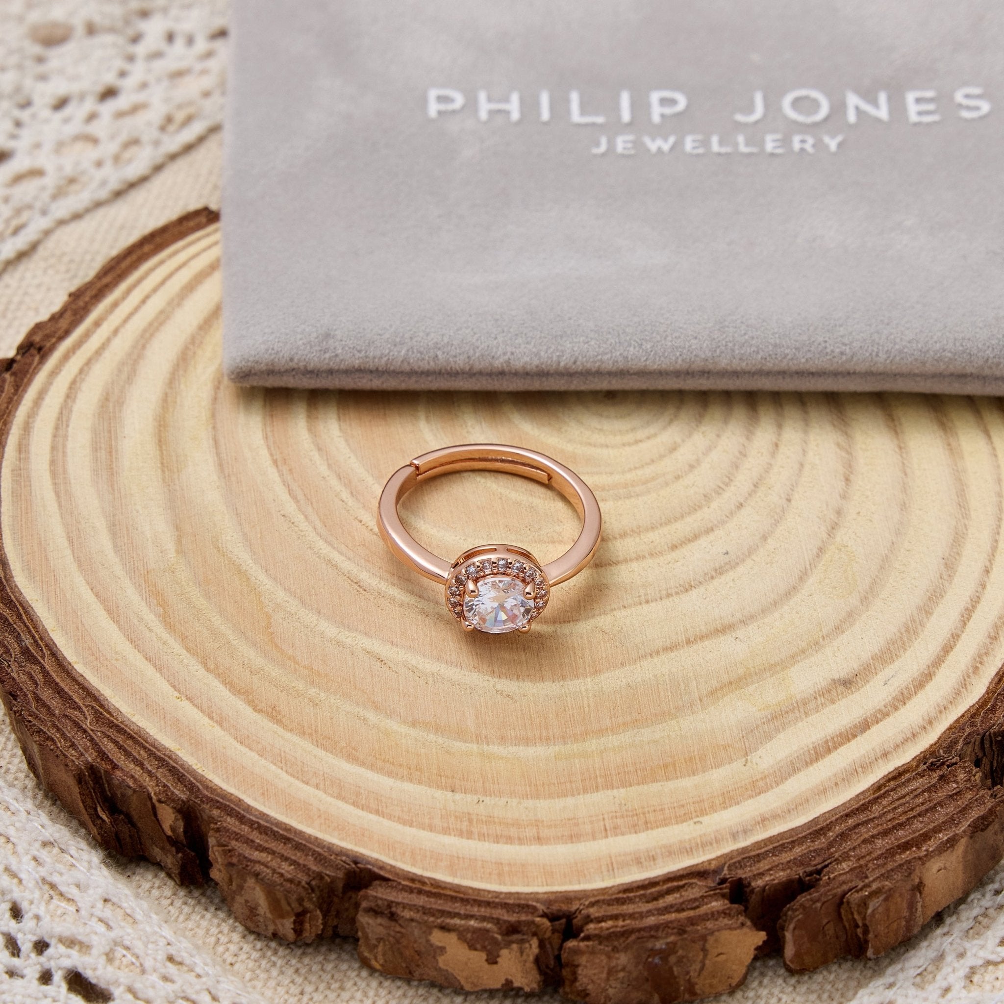 Rose Gold Plated Round Halo Ring Created with Zircondia® Crystals