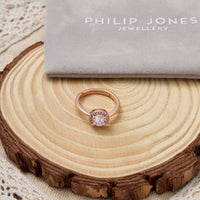 Rose Gold Plated Round Halo Ring Created with Zircondia® Crystals