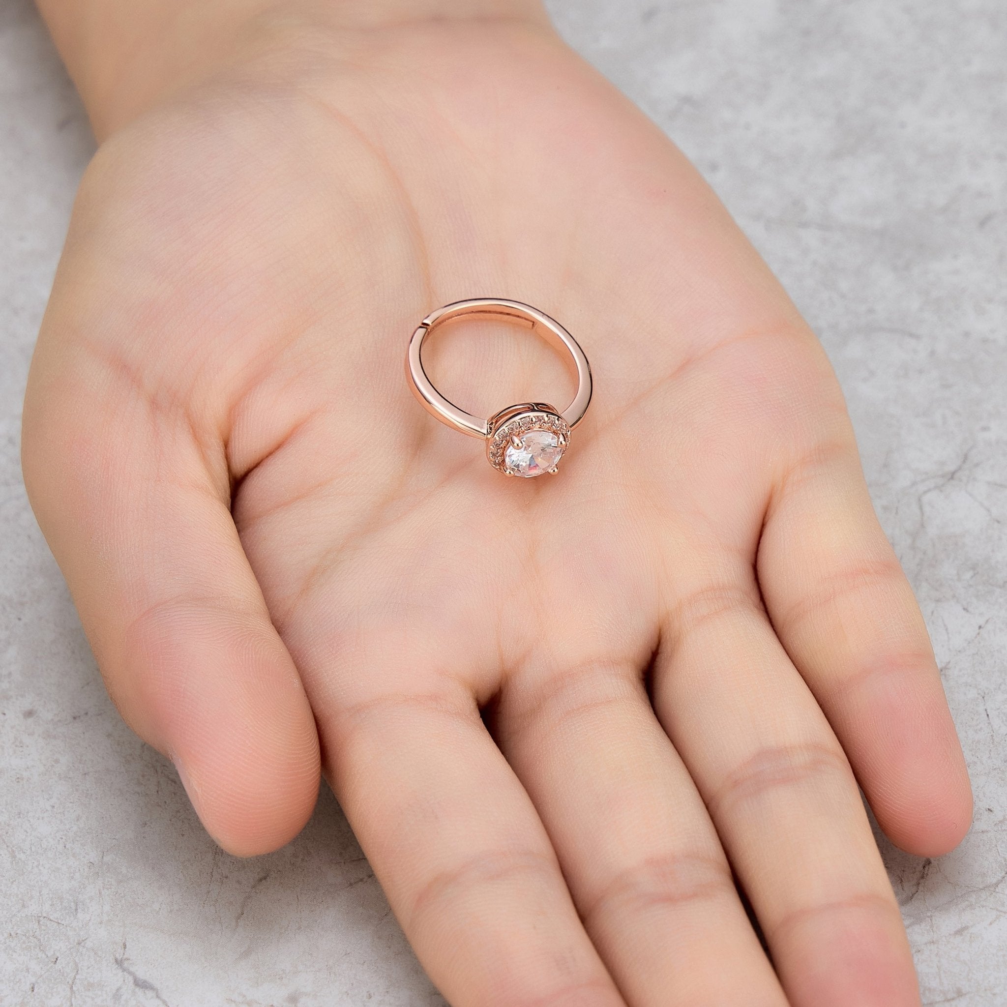 Rose Gold Plated Round Halo Ring Created with Zircondia® Crystals