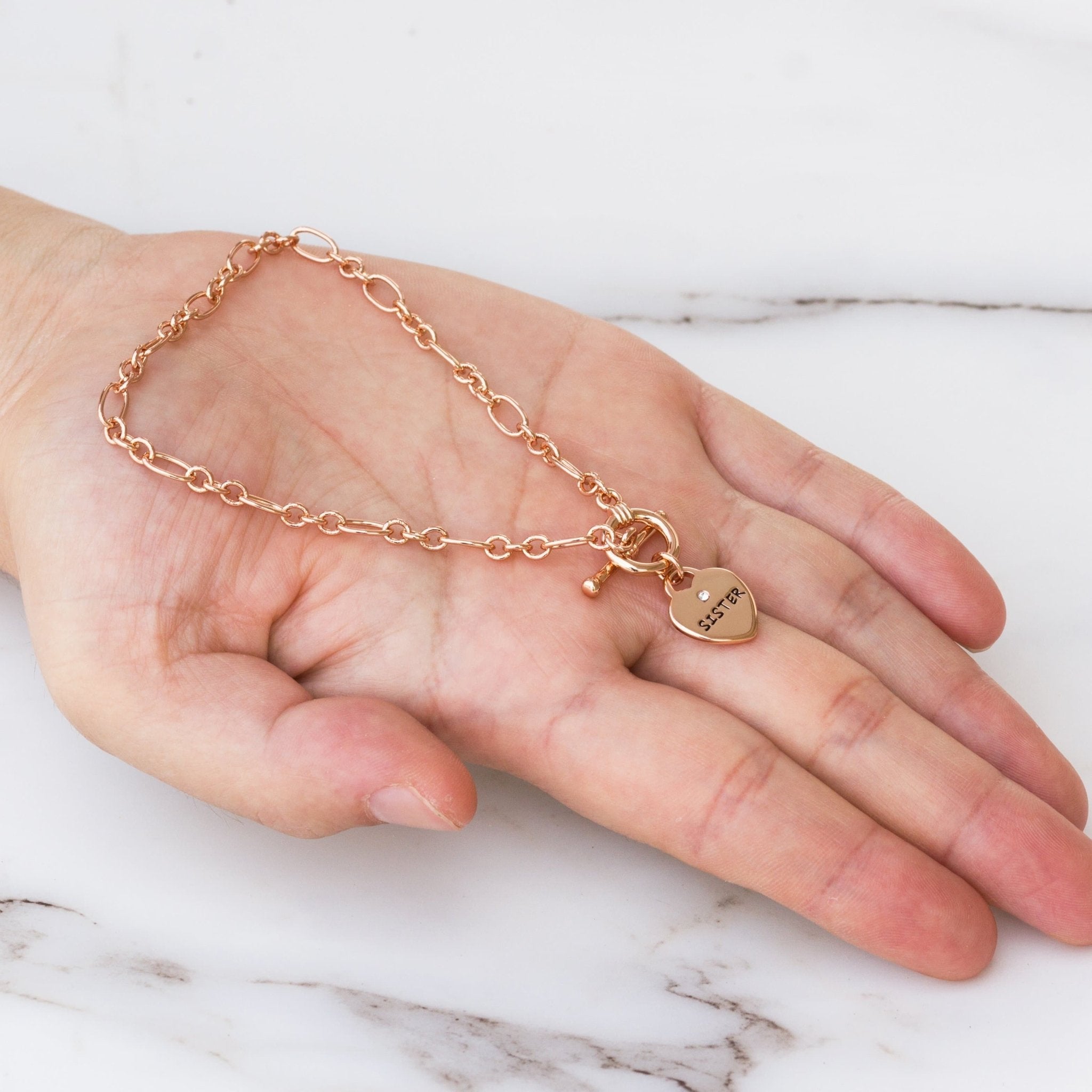 Rose Gold Plated Sister Friendship Quote Charm Bracelet Created with Zircondia® Crystals