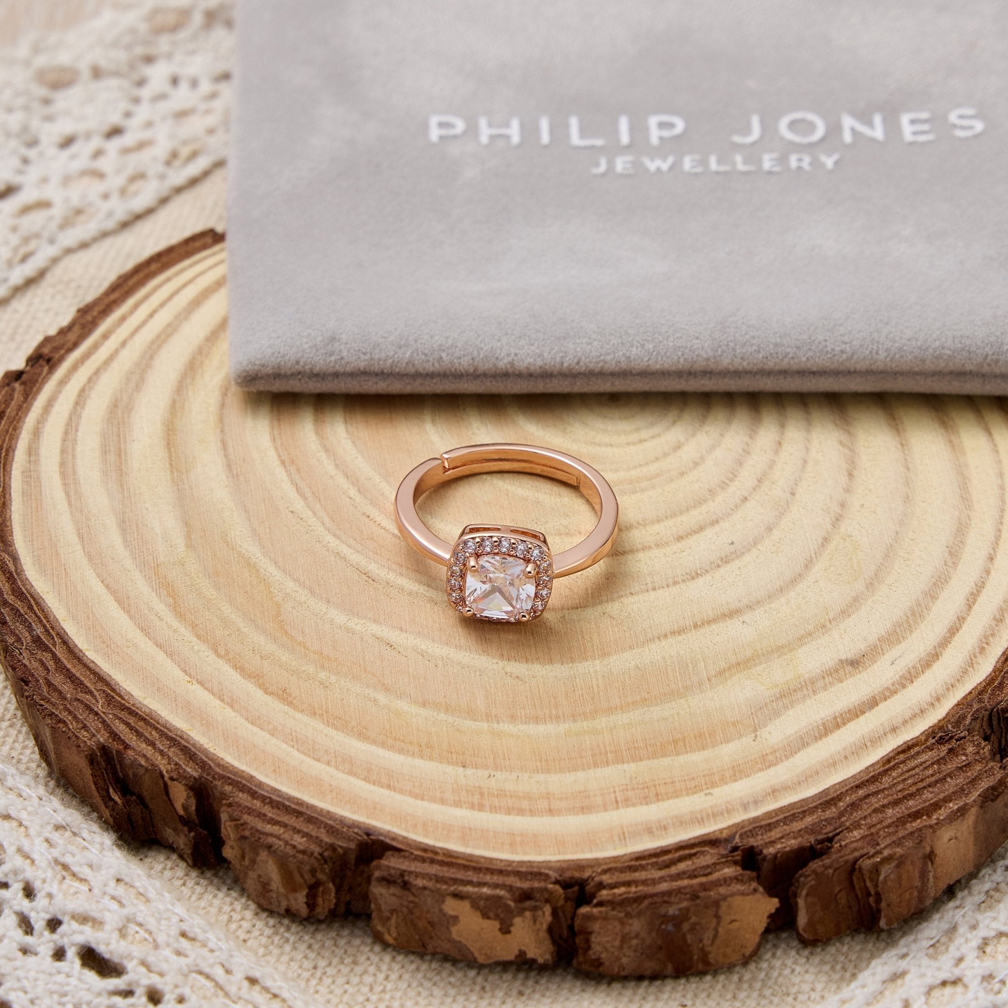 Rose Gold Plated Square Halo Ring Created with Zircondia® Crystals