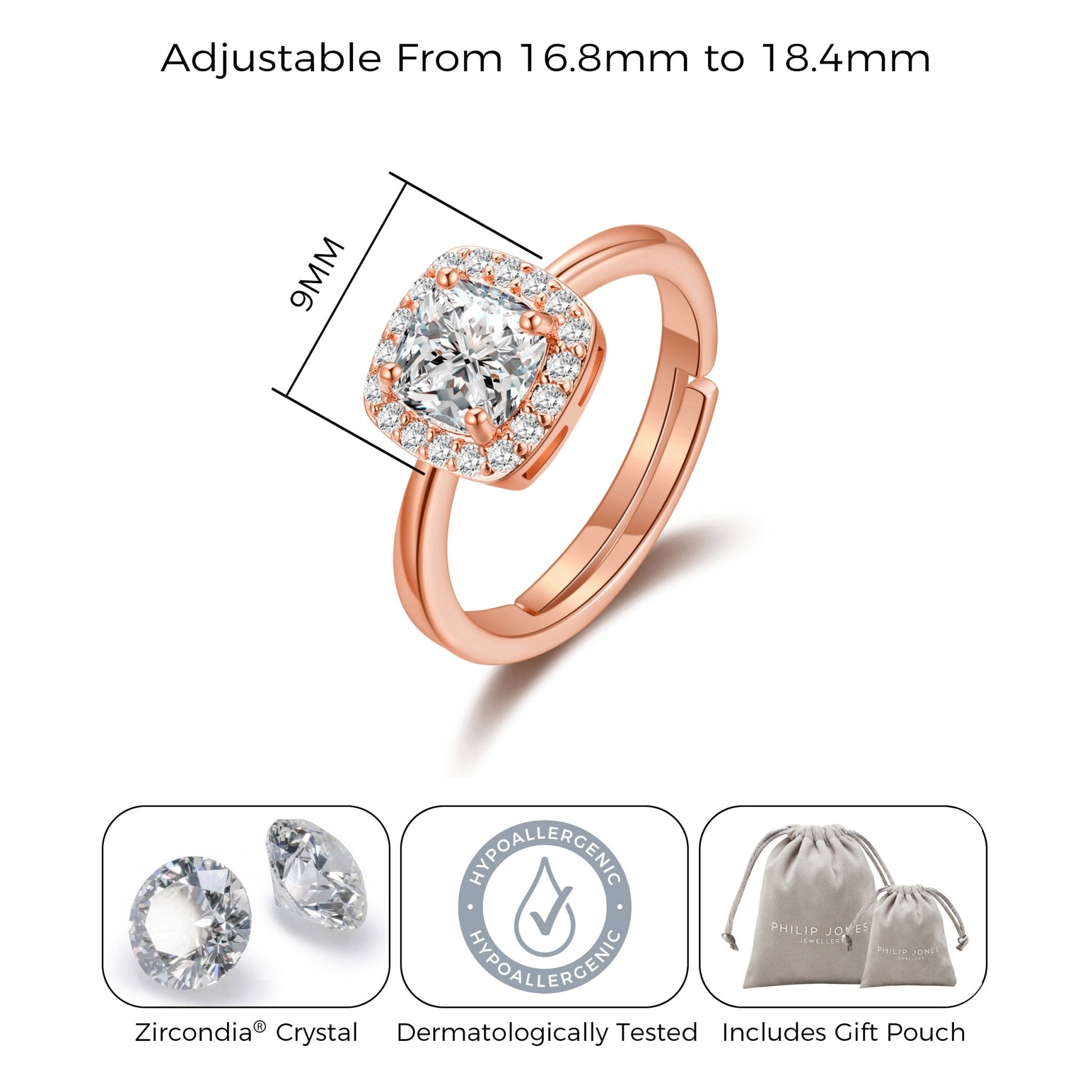 Rose Gold Plated Square Halo Ring Created with Zircondia® Crystals