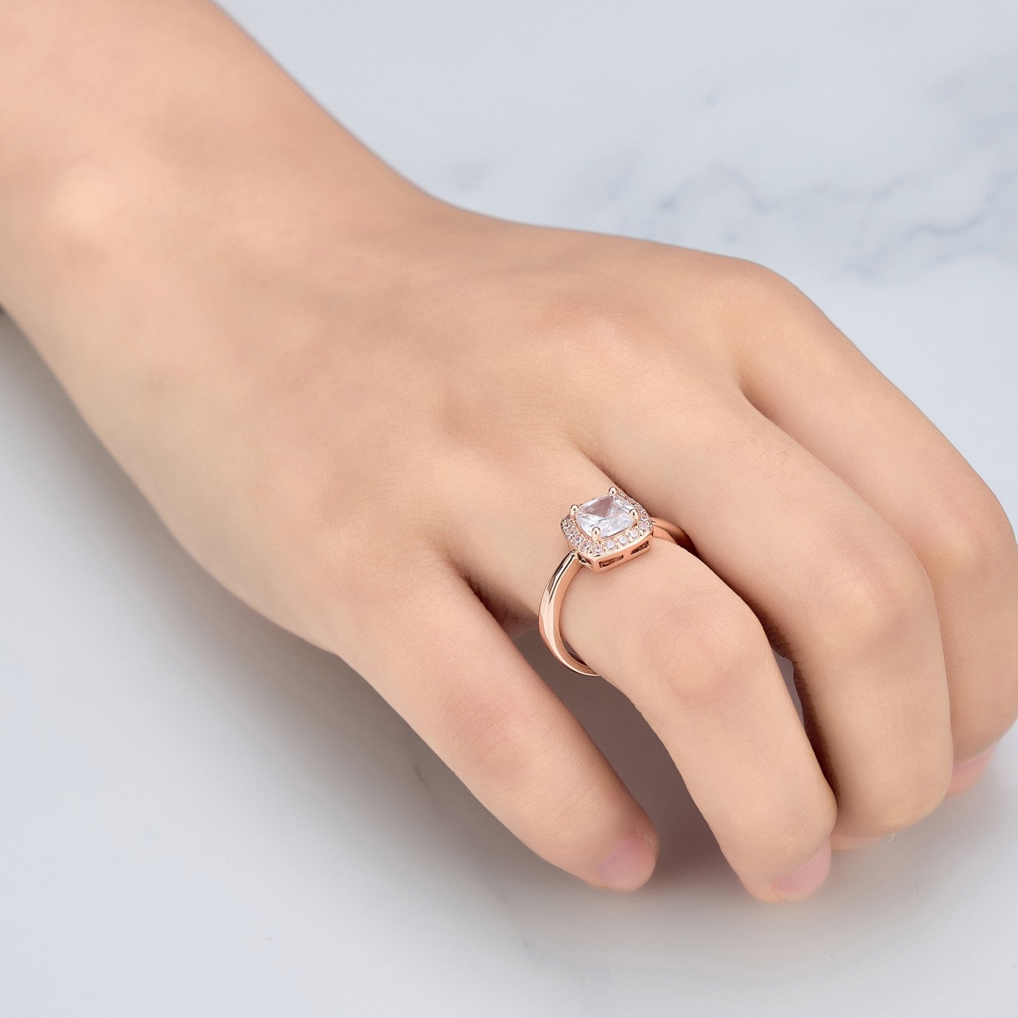Rose Gold Plated Square Halo Ring Created with Zircondia® Crystals