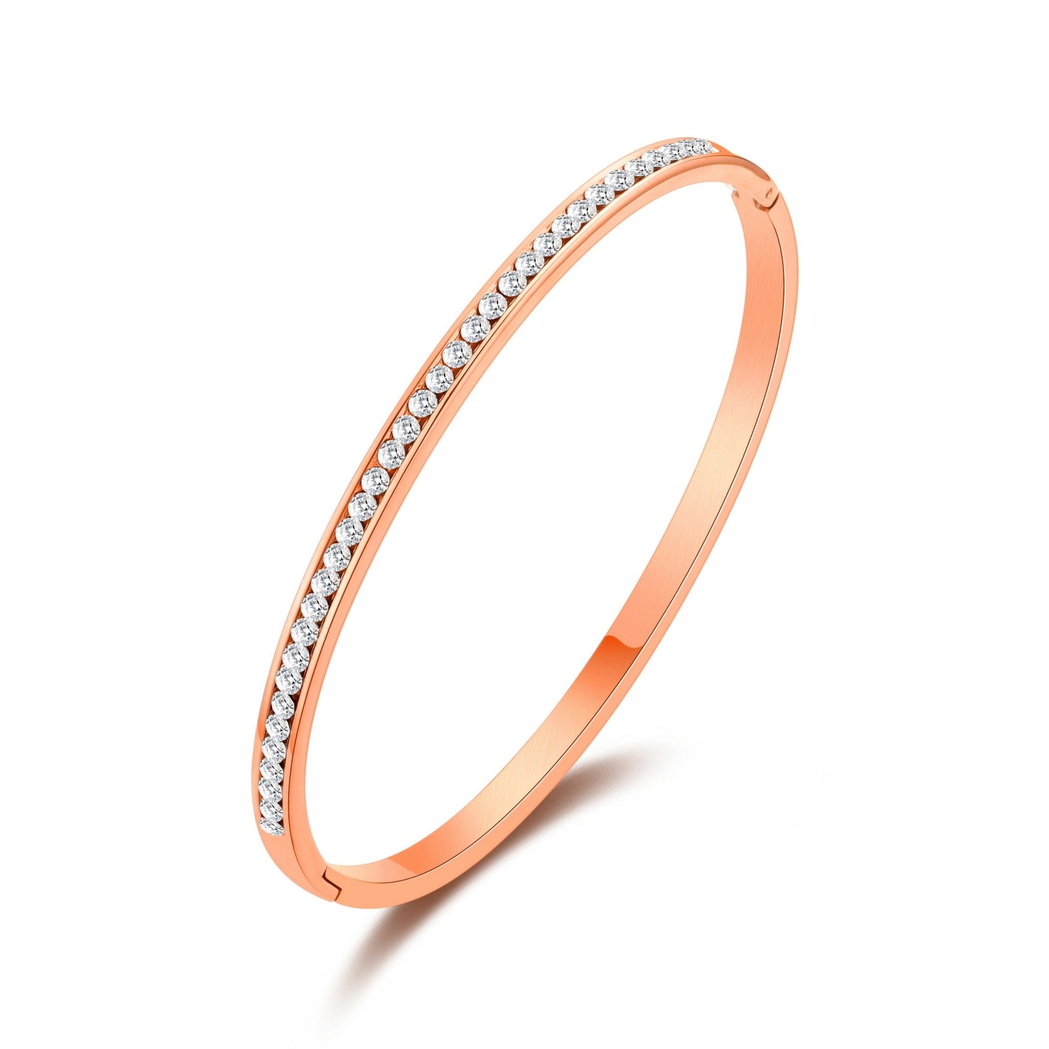 Rose Gold Plated Stainless Steel Channel Set Bangle Created with Zircondia® Crystals (7 Inch)