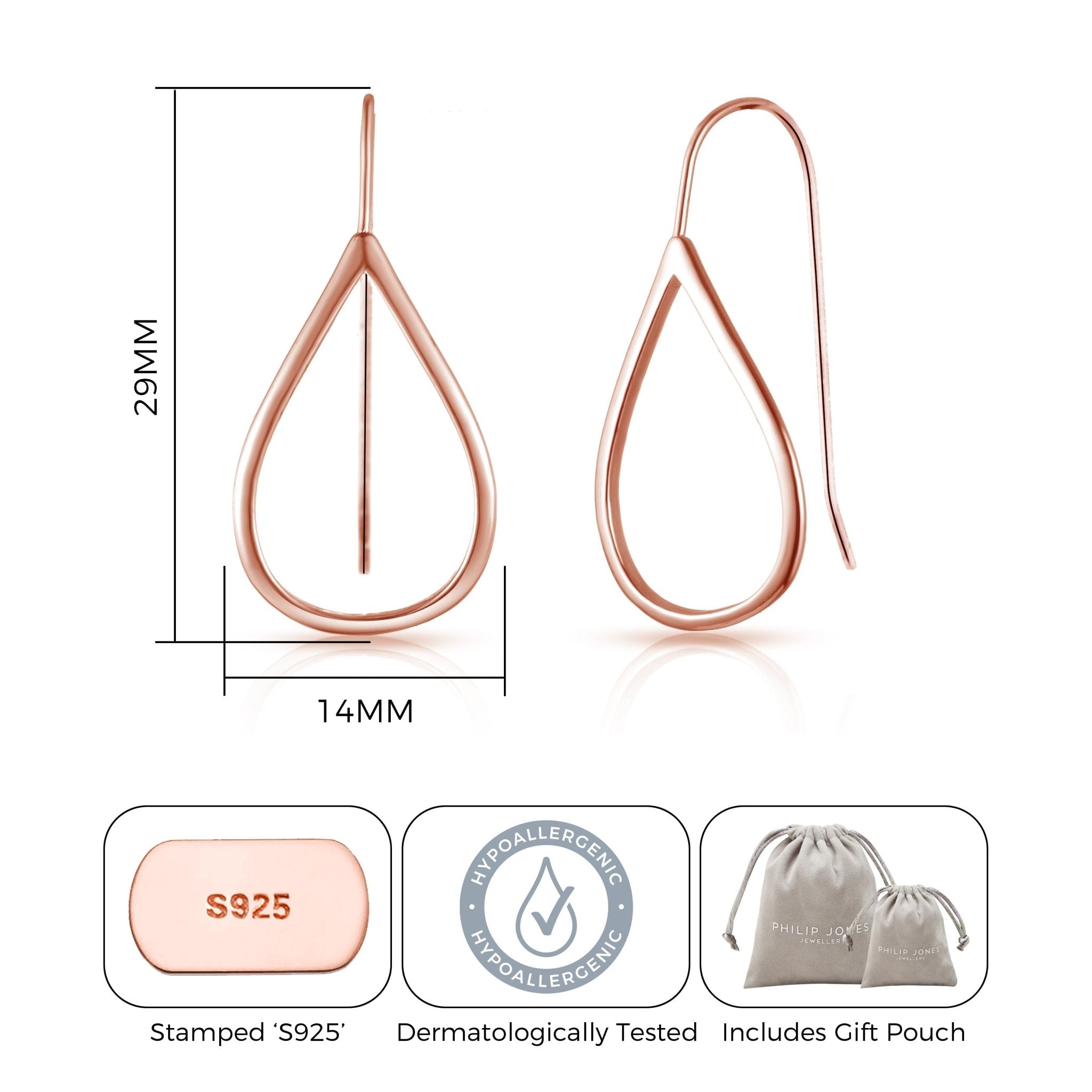 Rose Gold Plated Sterling Silver Open Teardrop Earrings