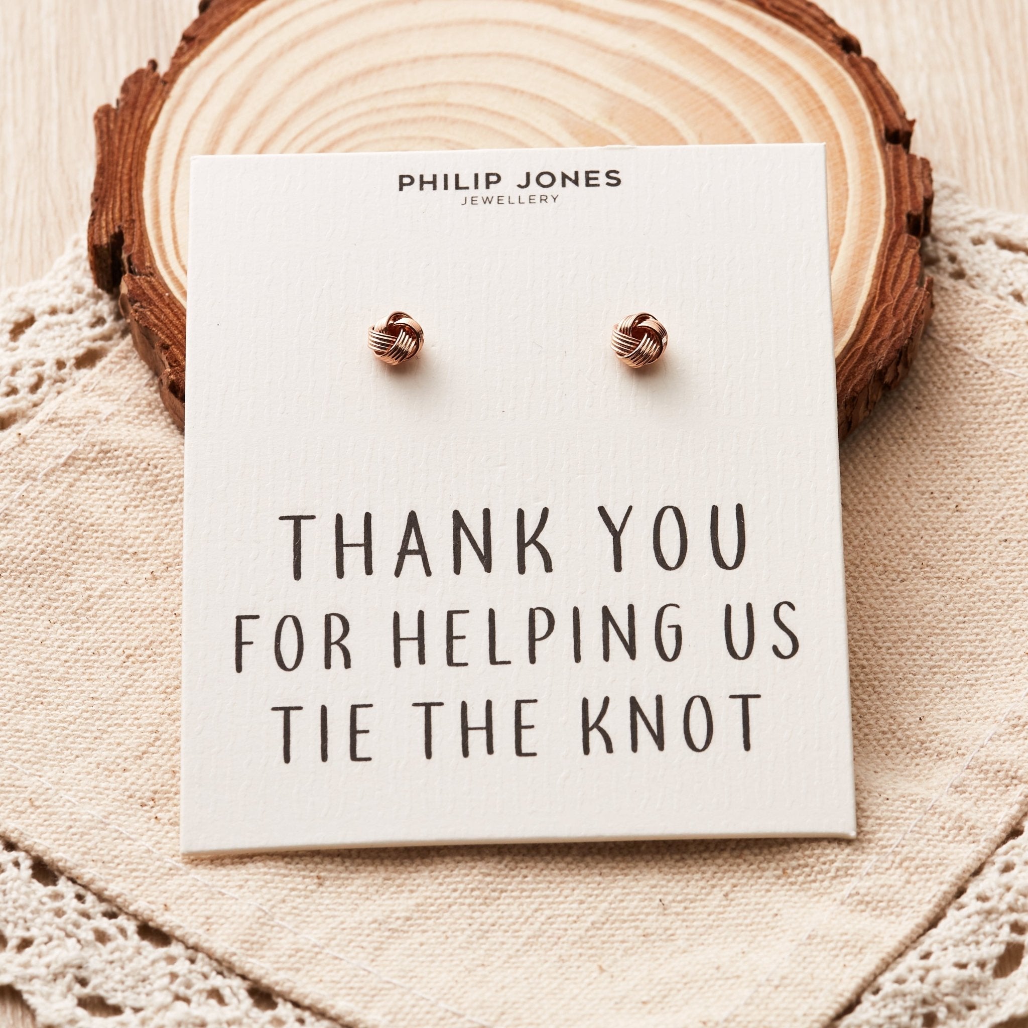 Rose Gold Plated Thank You for Helping us Tie The Knot Wedding Earrings with Quote Card