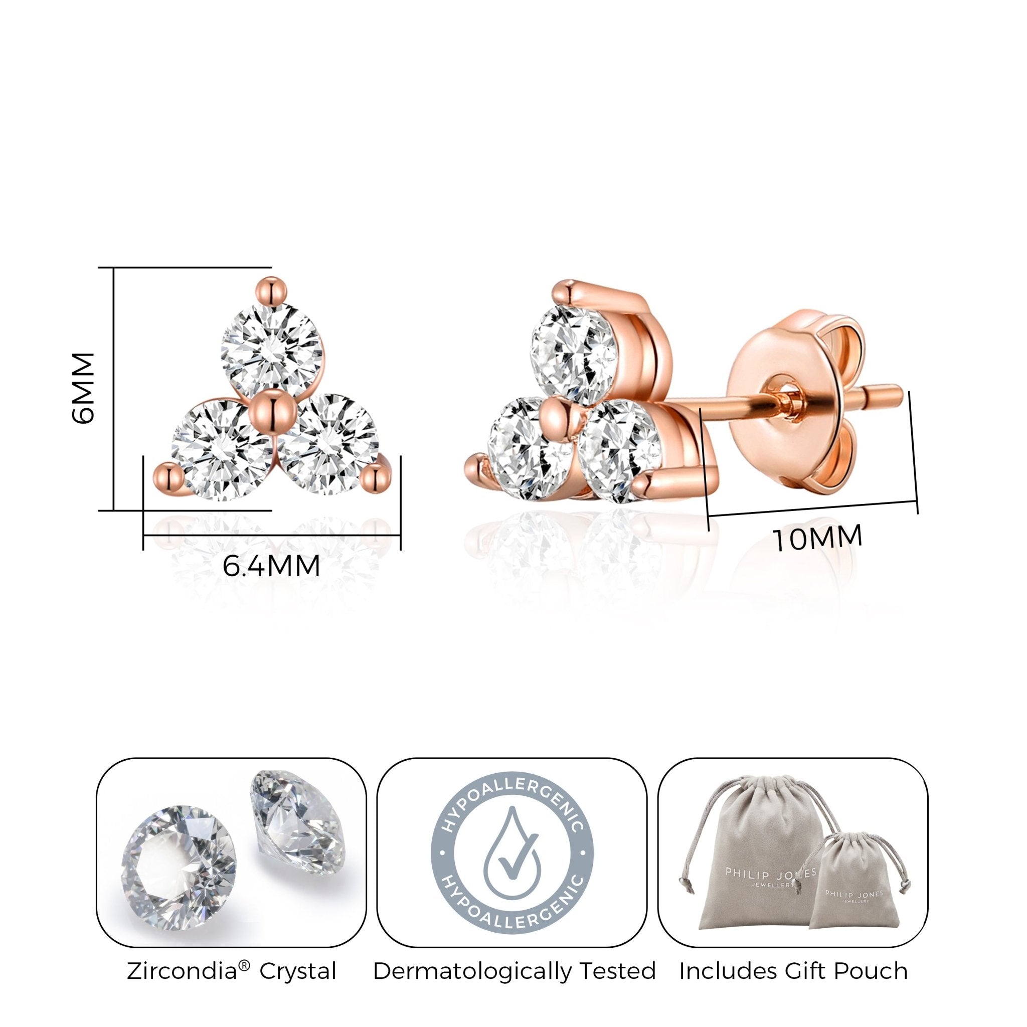 Rose Gold Plated Three Stone Earrings Created with Zircondia® Crystals