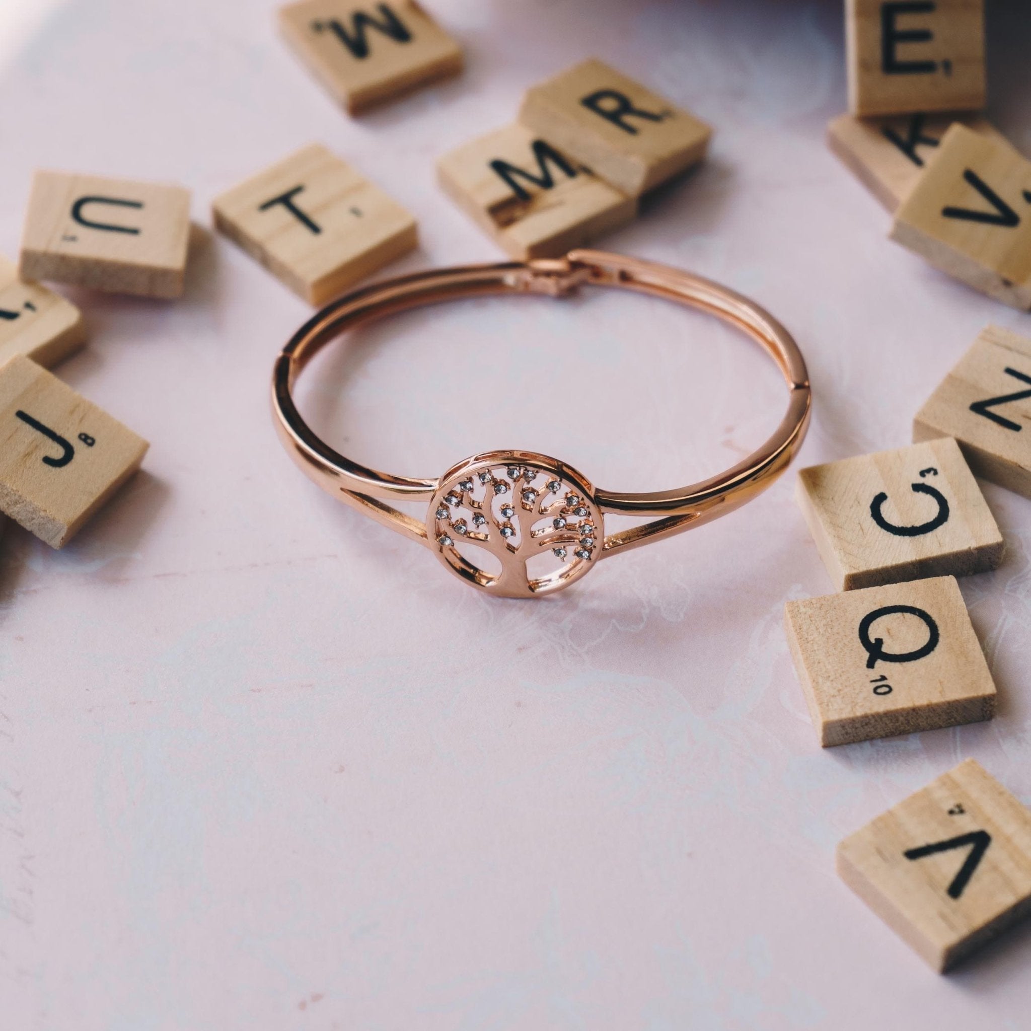 Rose Gold Plated Tree of Life Bangle Created with Zircondia® Crystals (7 Inch)