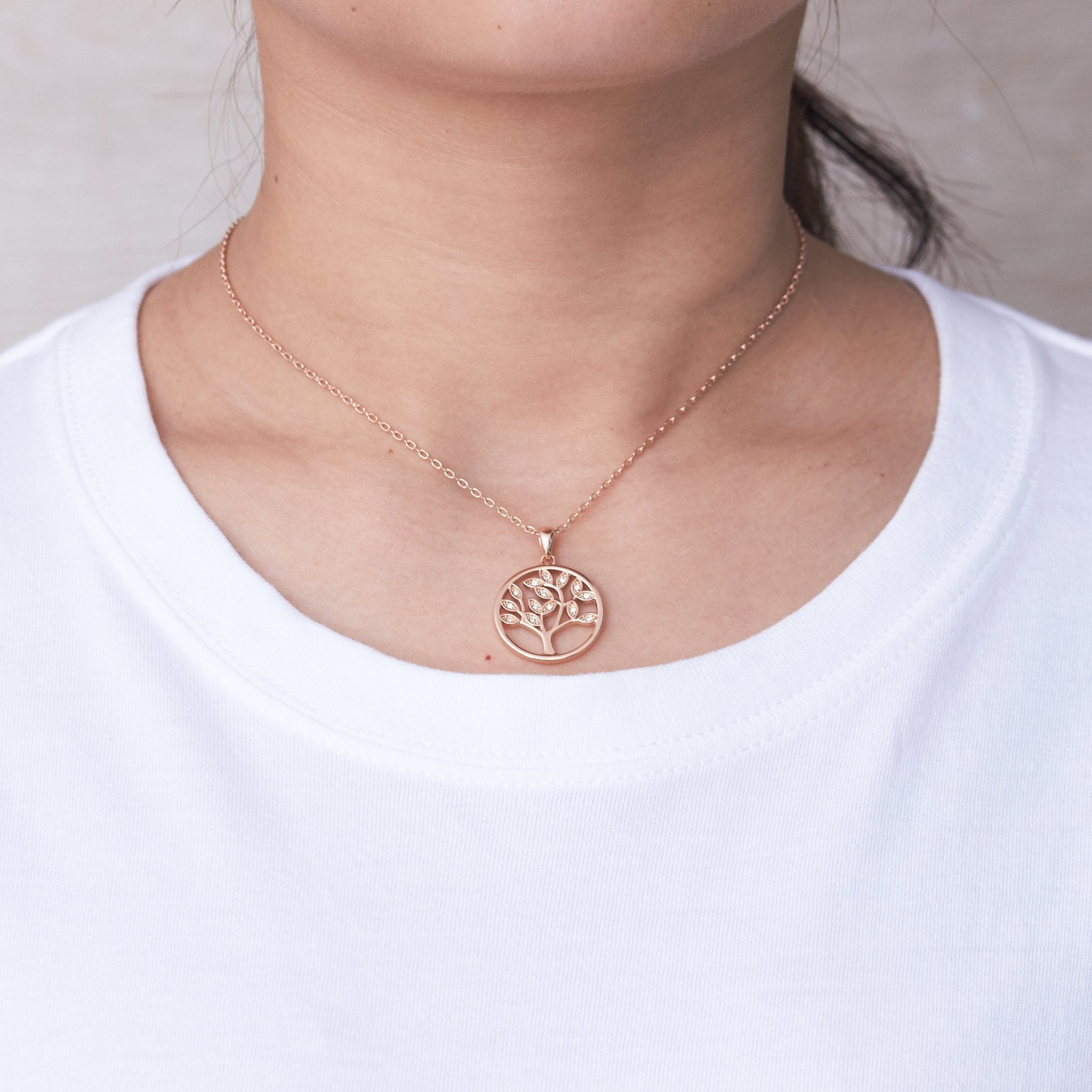 Rose Gold Plated Tree of Life Necklace Created with Zircondia® Crystals