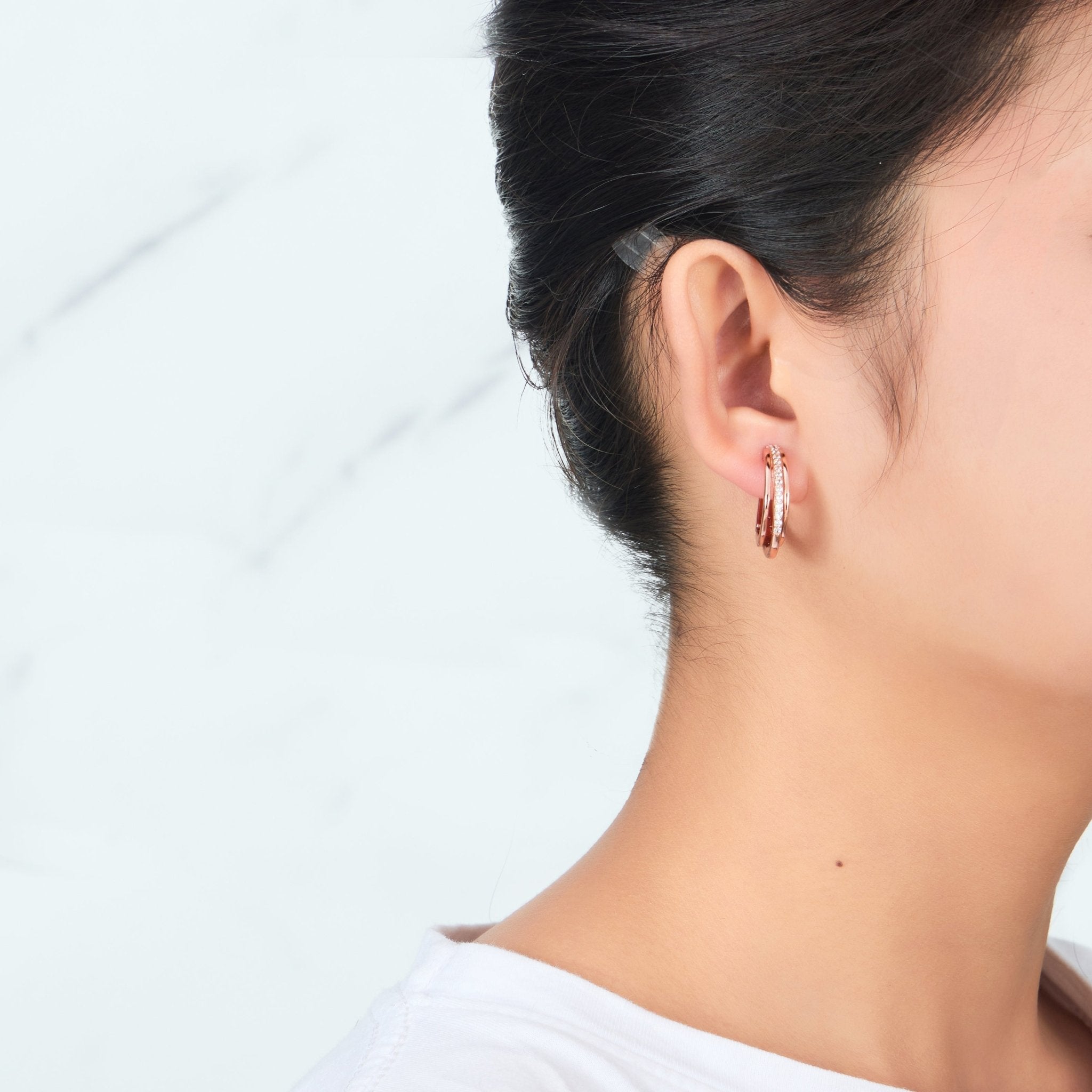 Rose Gold Plated Triple Illusion Hoop Earrings Created with Zircondia® Crystals