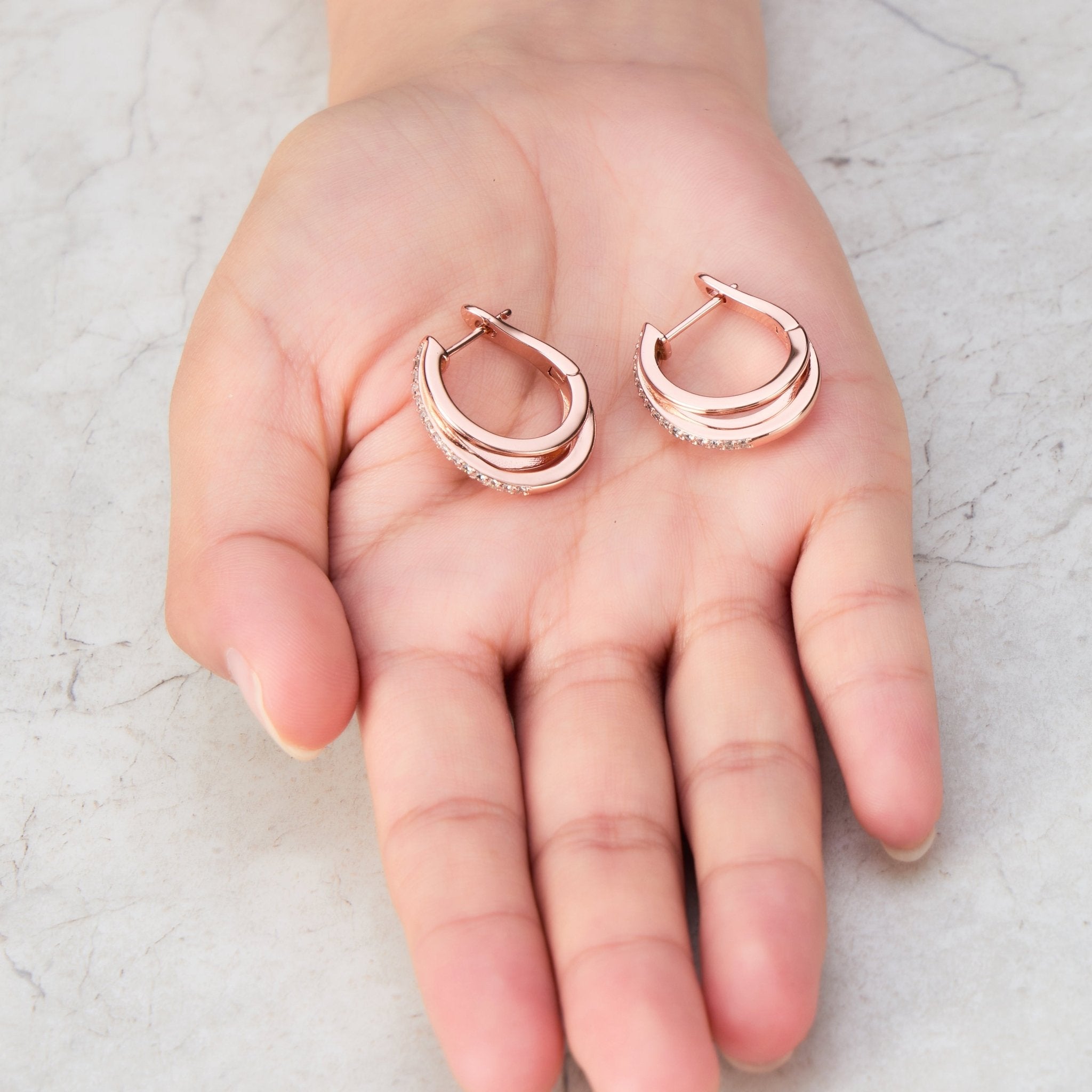 Rose Gold Plated Triple Illusion Hoop Earrings Created with Zircondia® Crystals