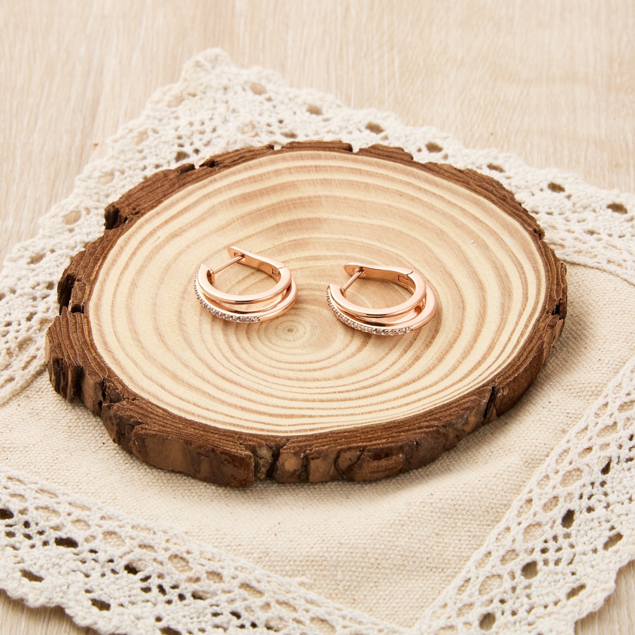 Rose Gold Plated Triple Illusion Hoop Earrings Created with Zircondia® Crystals