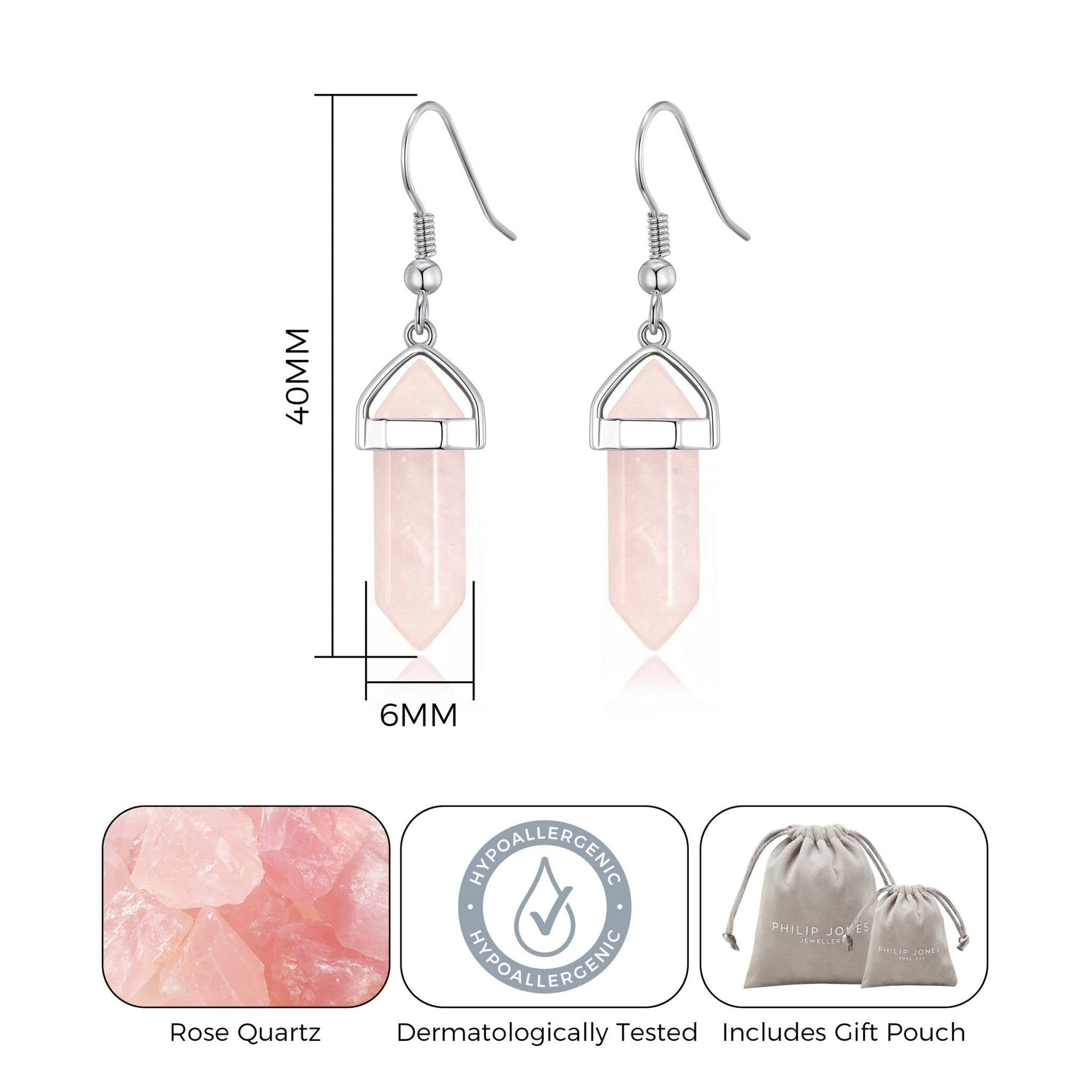 Rose Quartz Gemstone Drop Earrings with Quote Card