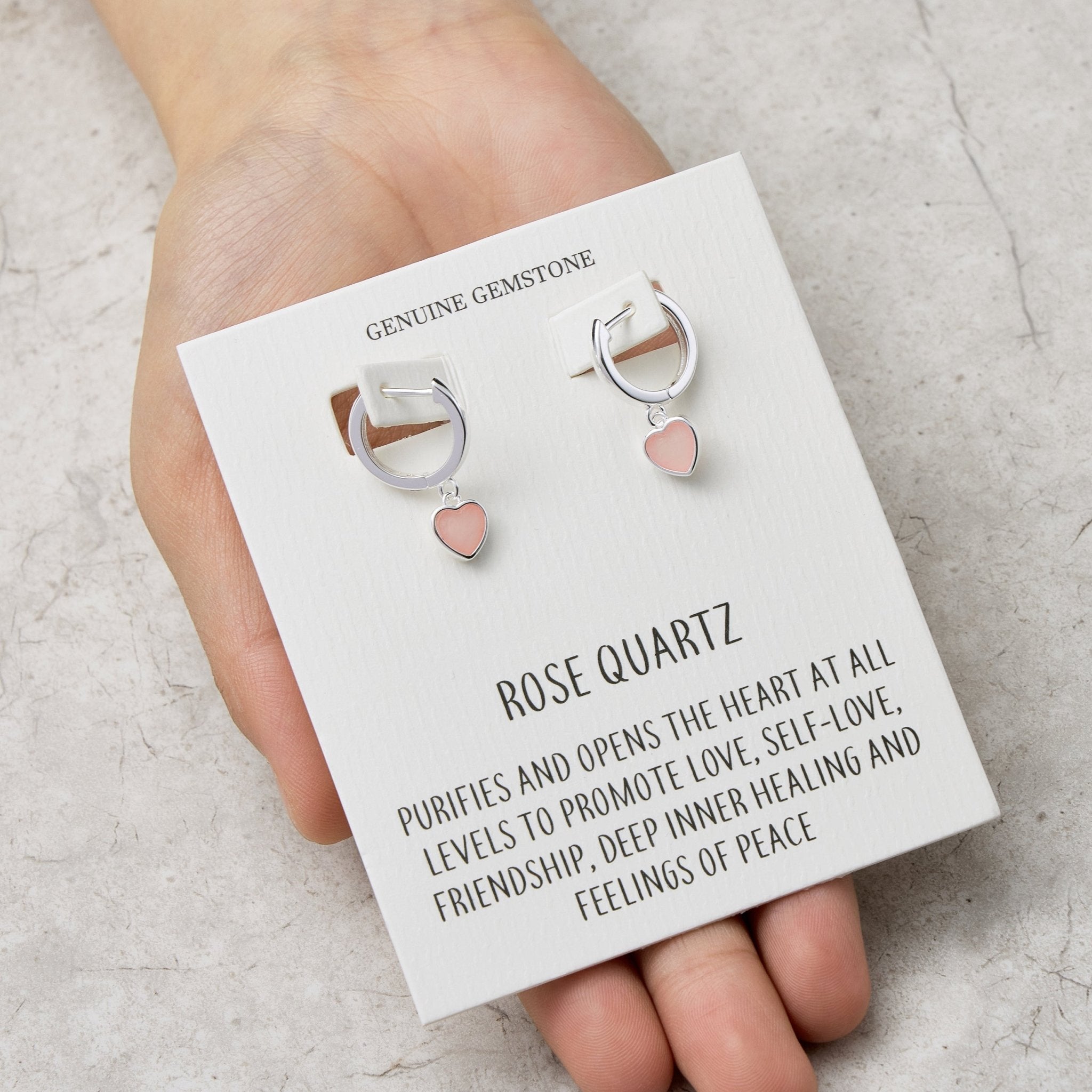 Rose Quartz Gemstone Heart Charm Hoop Earrings with Quote Card