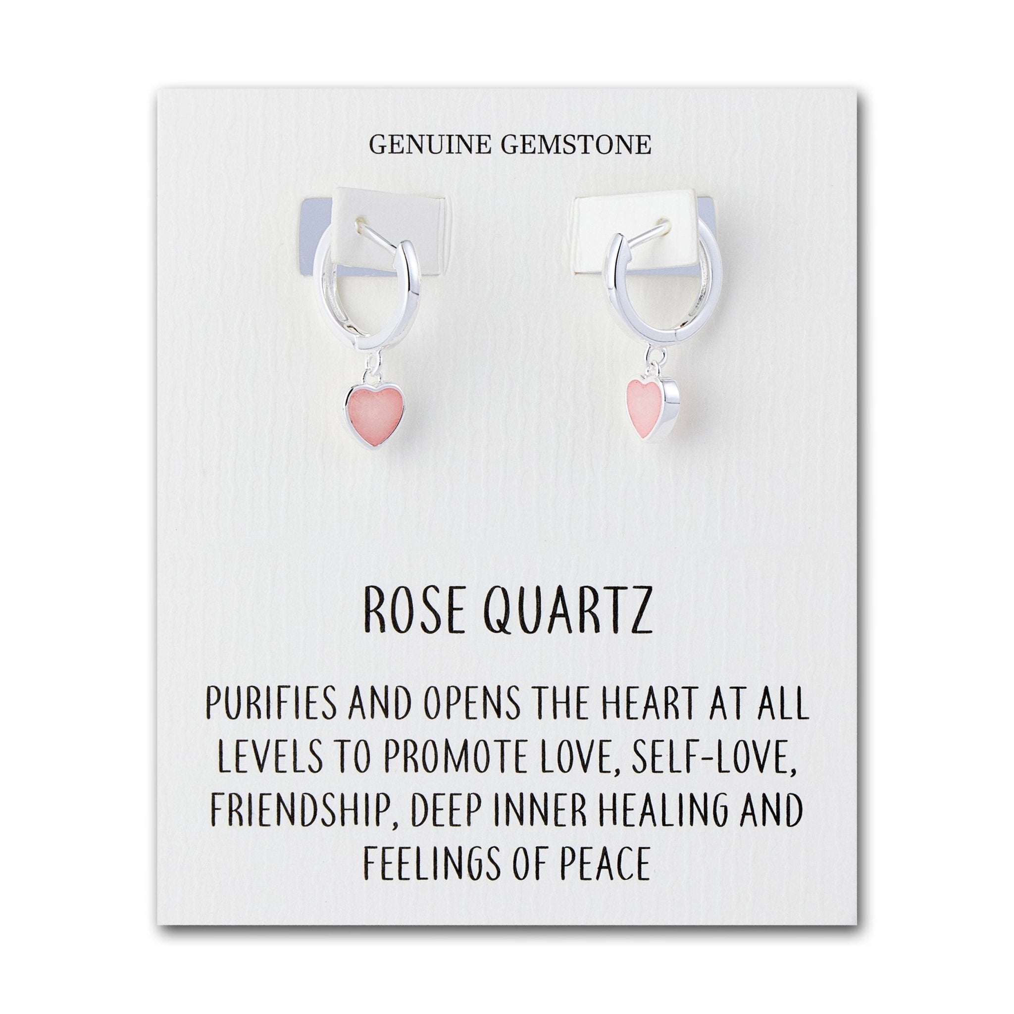 Rose Quartz Gemstone Heart Charm Hoop Earrings with Quote Card