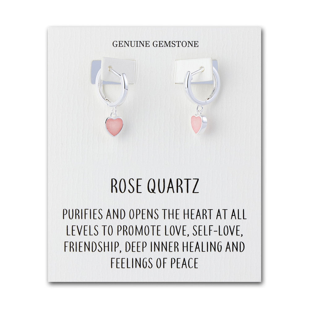 Rose Quartz Gemstone Heart Charm Hoop Earrings with Quote Card