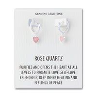 Rose Quartz Gemstone Heart Charm Hoop Earrings with Quote Card