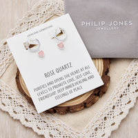 Rose Quartz Gemstone Heart Charm Hoop Earrings with Quote Card