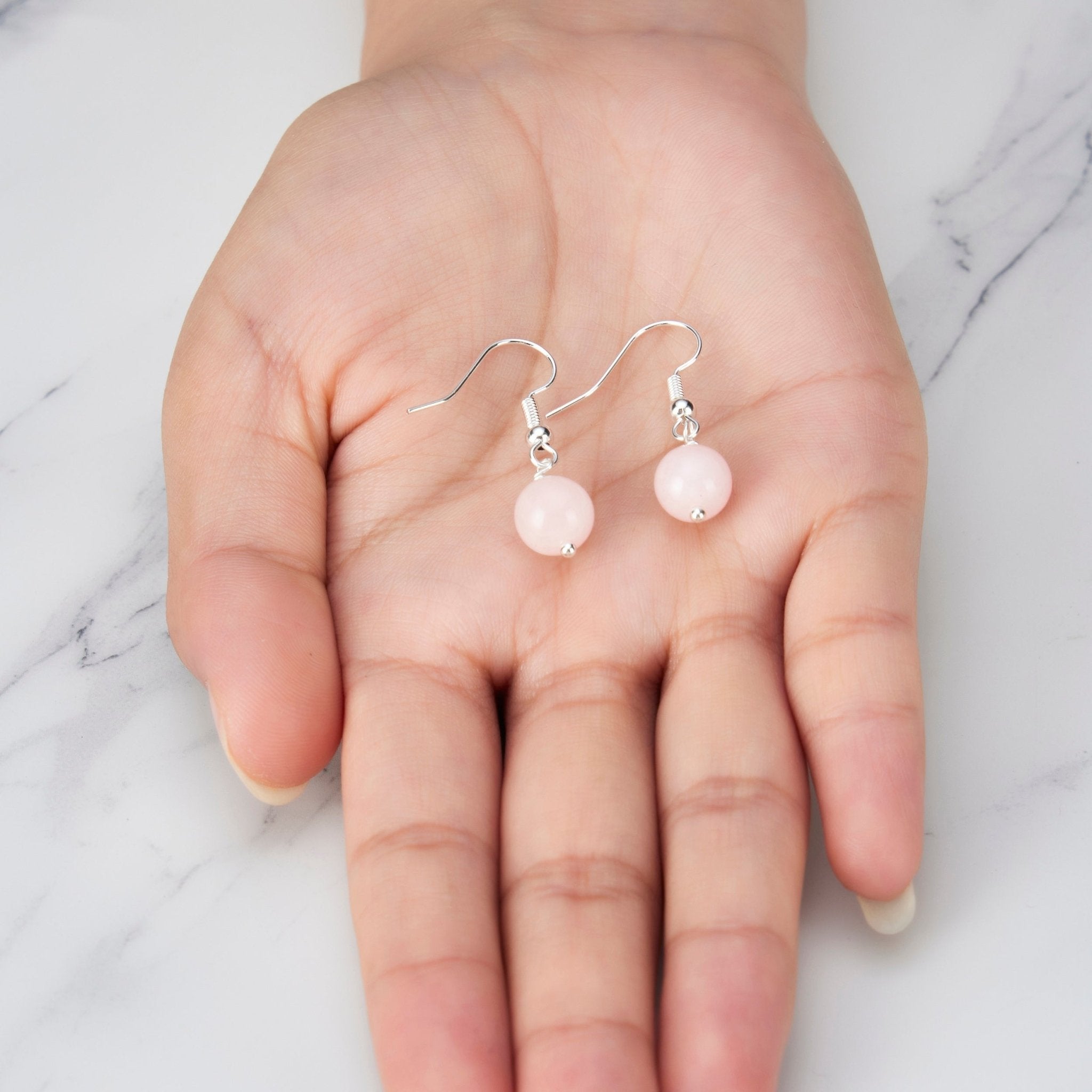 Rose Quartz Gemstone Round Drop Earrings with Quote Card