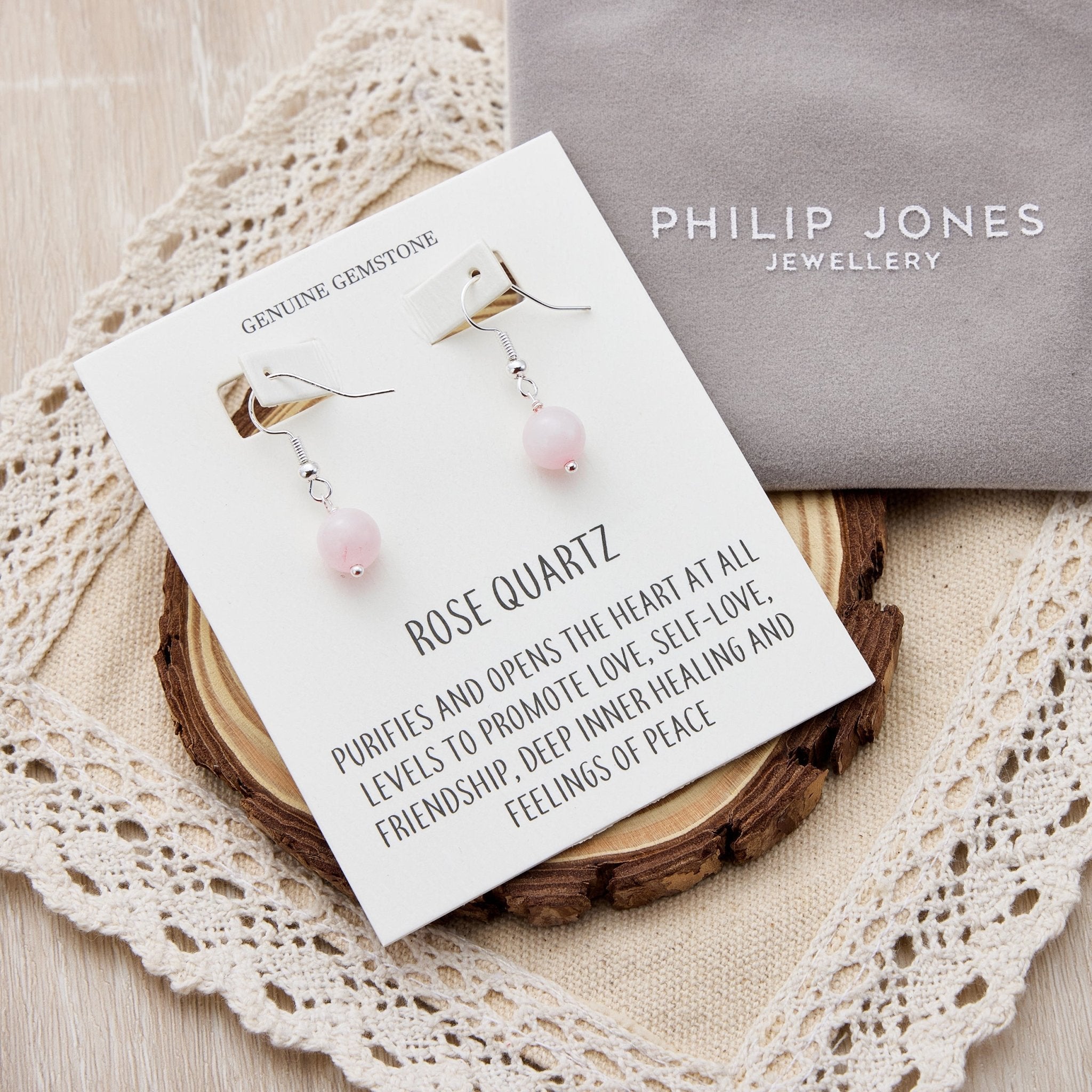 Rose Quartz Gemstone Round Drop Earrings with Quote Card