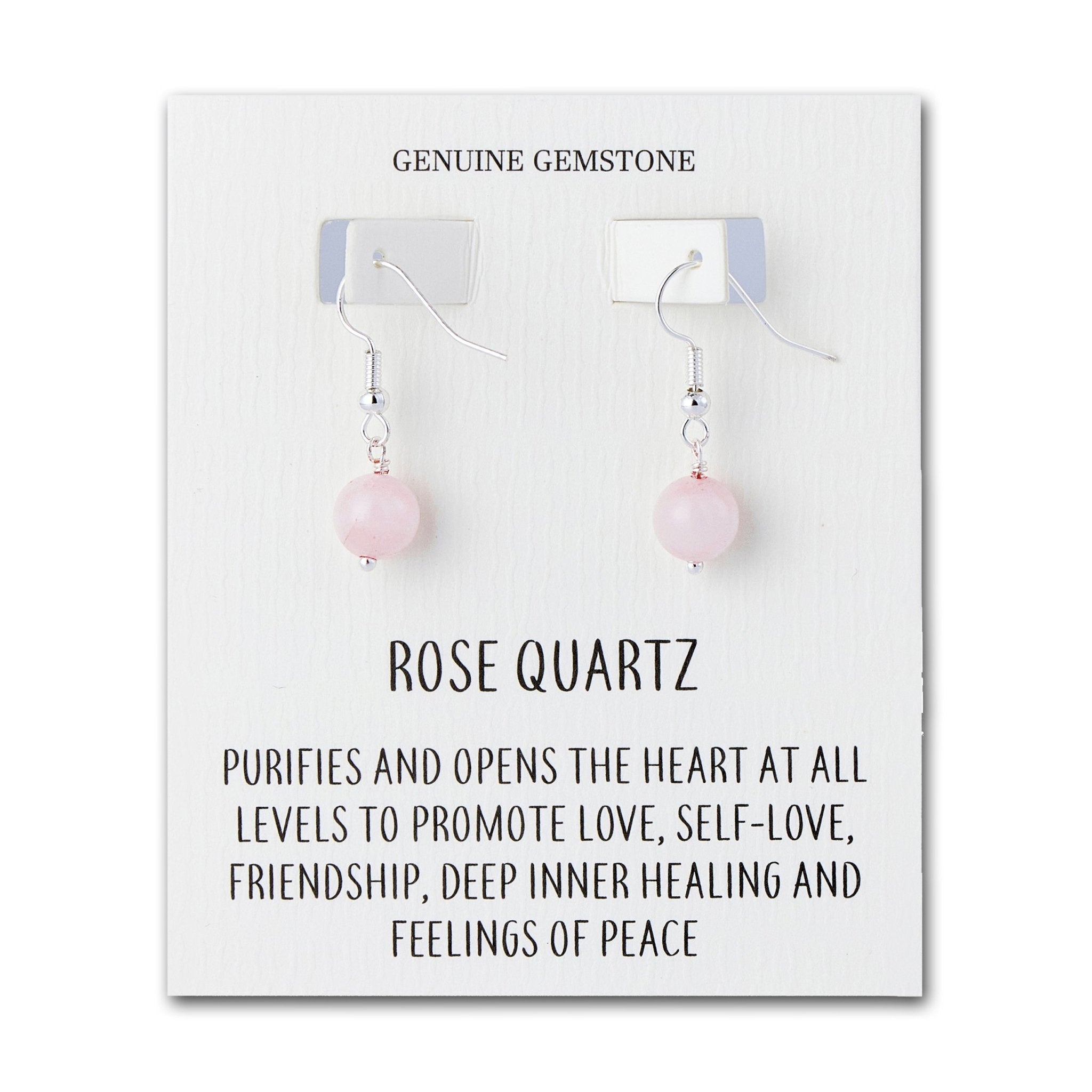 Rose Quartz Gemstone Round Drop Earrings with Quote Card