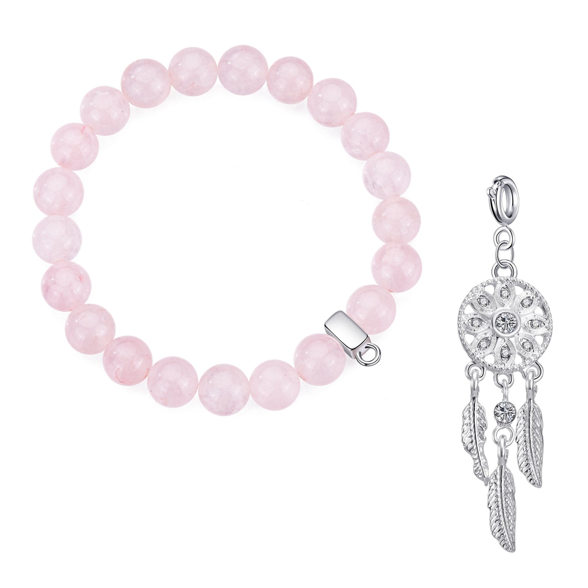 Rose Quartz Gemstone Stretch Bracelet with Charm Created with Zircondia® Crystals