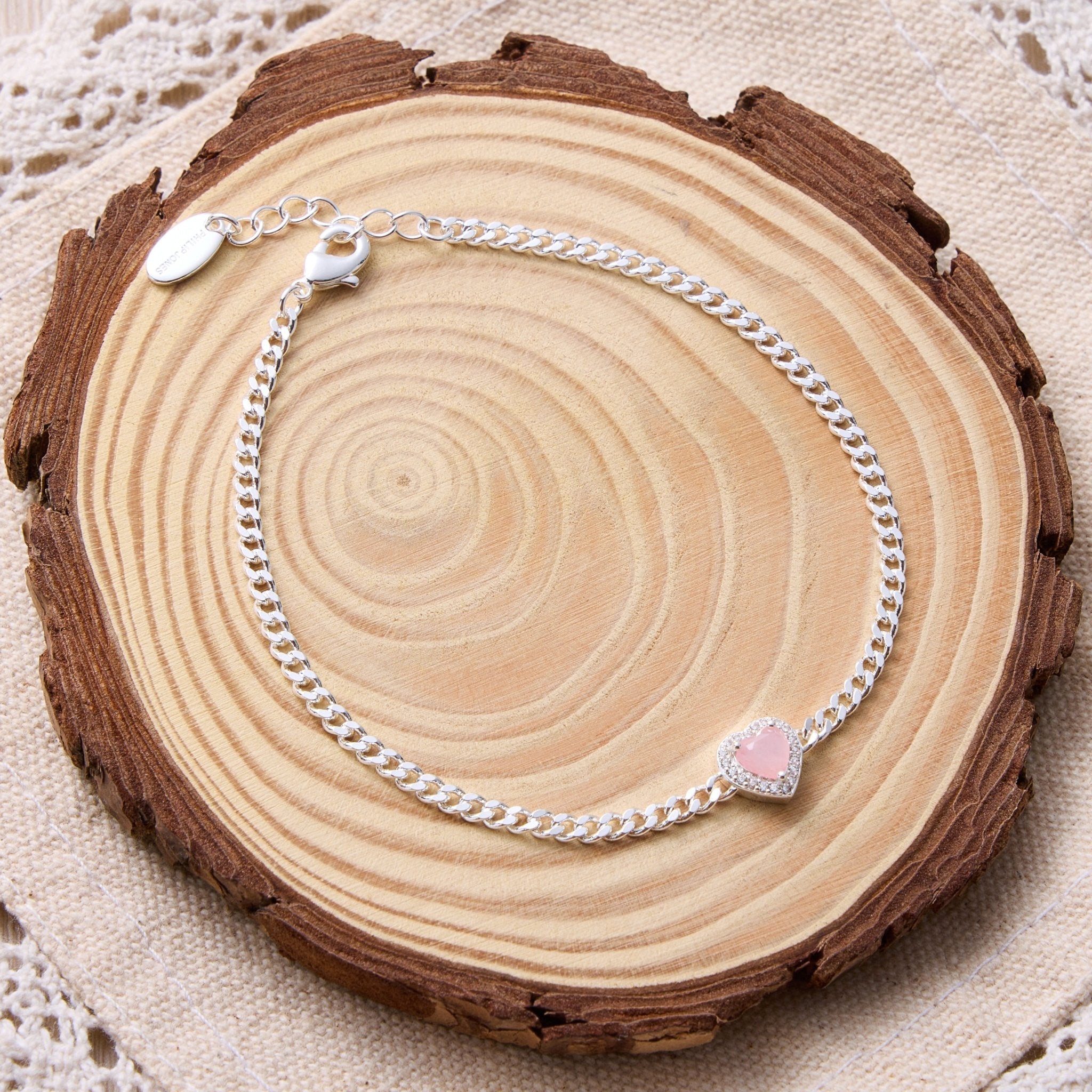 Rose Quartz Heart Gemstone Bracelet with Quote Card Created with Zircondia® Crystals