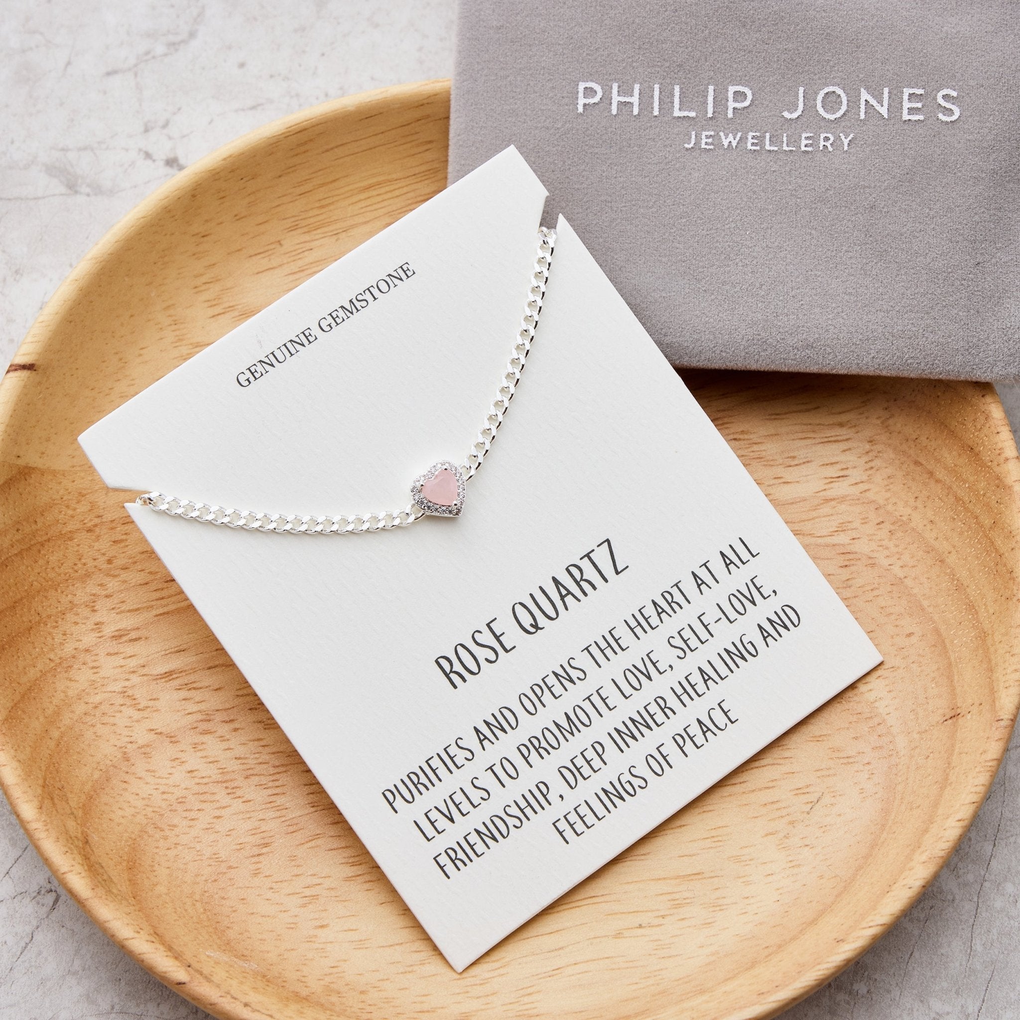 Rose Quartz Heart Gemstone Bracelet with Quote Card Created with Zircondia® Crystals