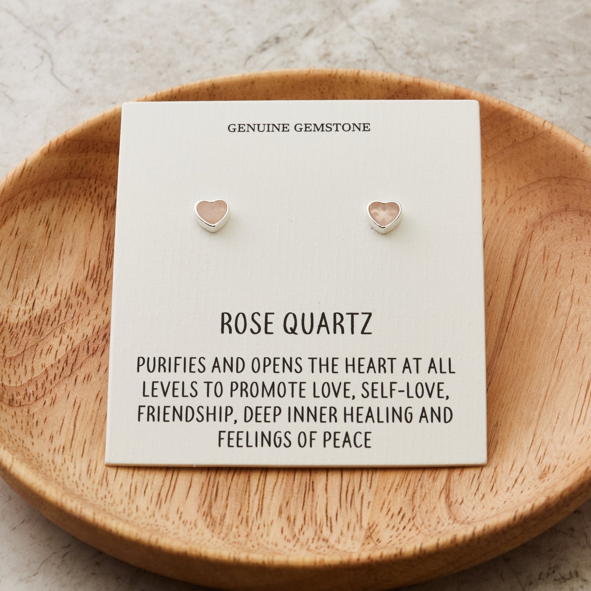 Rose Quartz Heart Stud Earrings with Quote Card