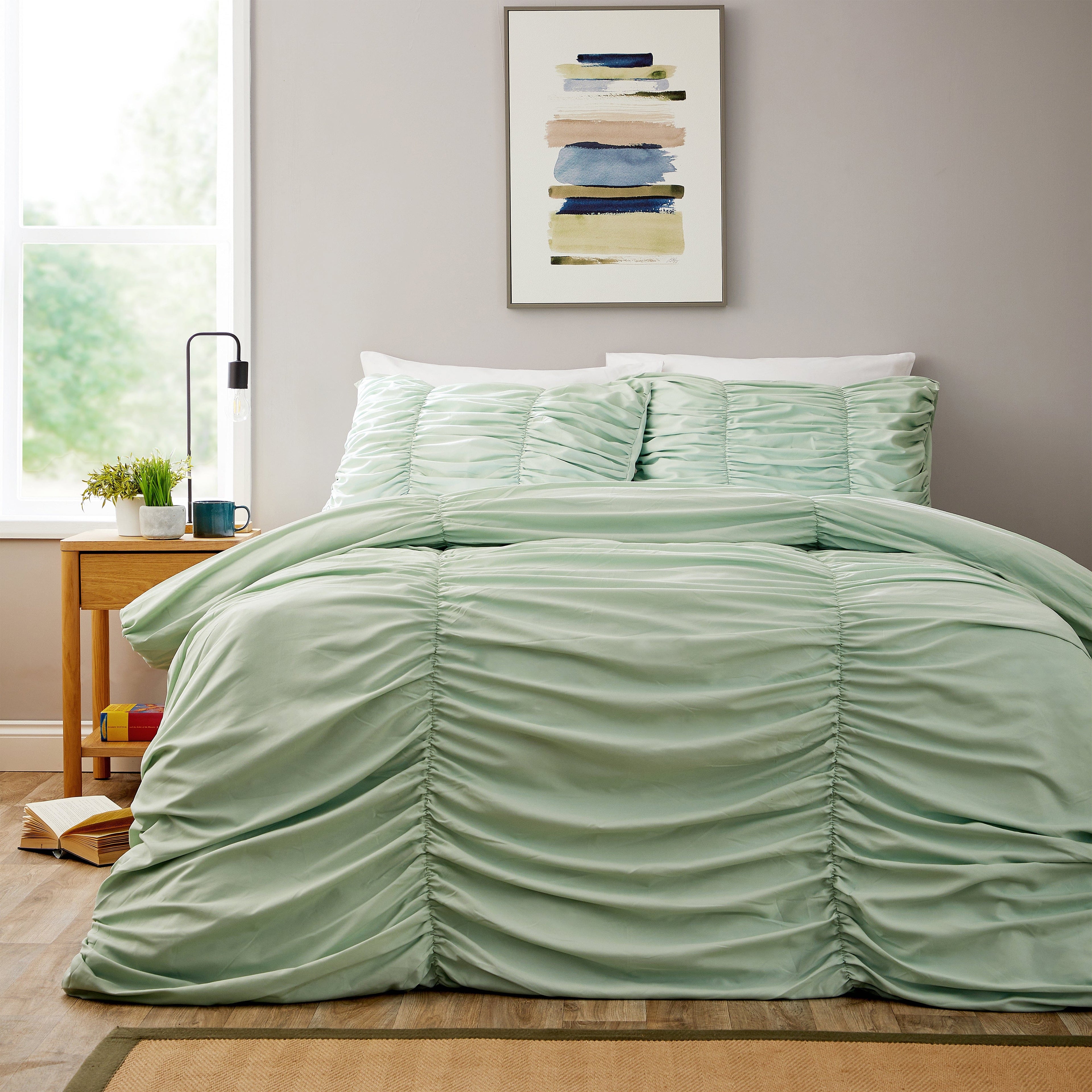 Ruched Sage Green Microfibre Duvet Cover Set with Pillowcases Ruffle Bedding Super Soft Easy Care Quilt Bed Linen by OLIVIA ROCCO