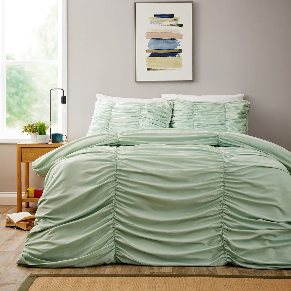 Ruched Sage Green Microfibre Duvet Cover Set with Pillowcases Ruffle Bedding Super Soft Easy Care Quilt Bed Linen by OLIVIA ROCCO