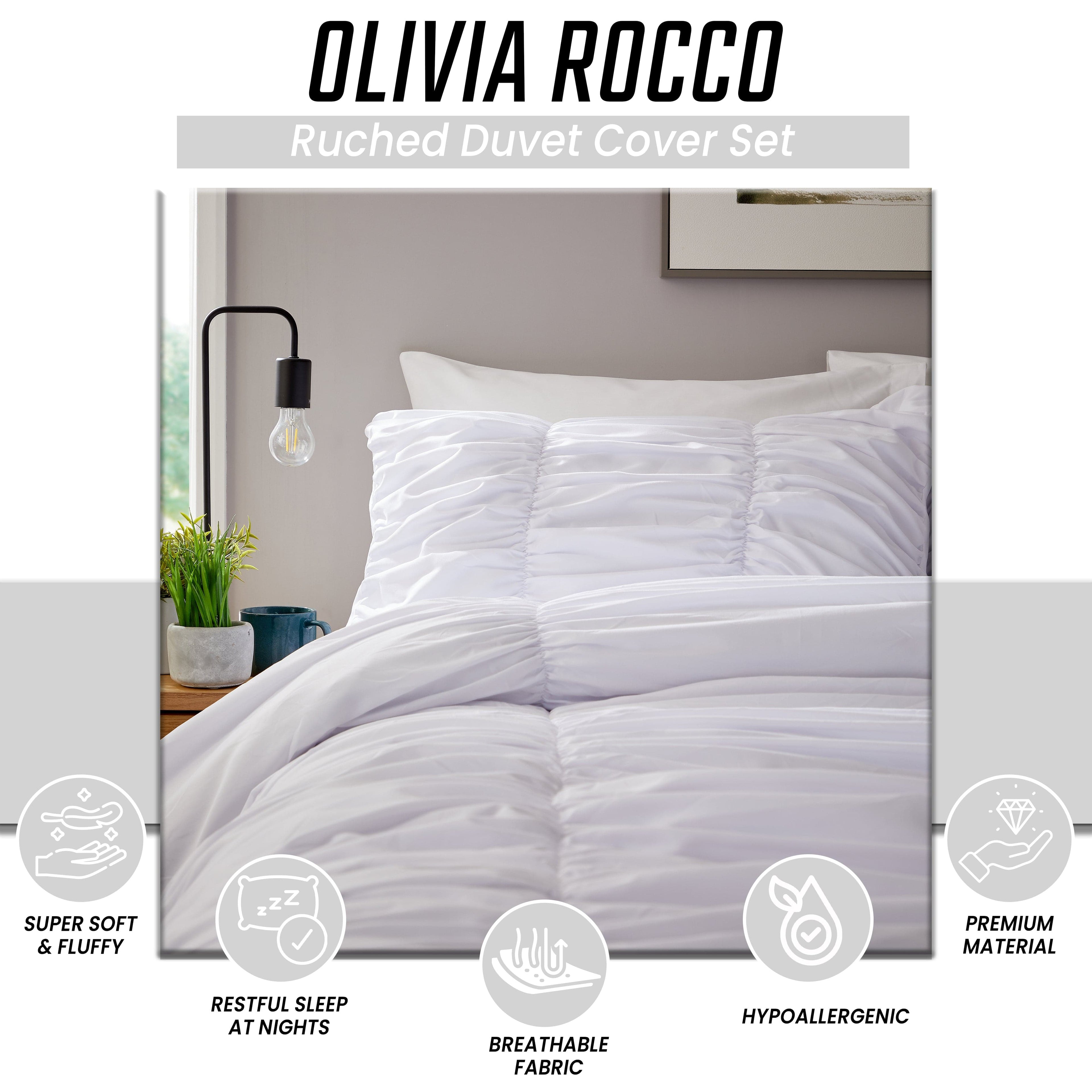 Ruched White Microfibre Duvet Cover Set with Pillowcases Ruffle Bedding Super Soft Easy Care Quilt Bed Linen by OLIVIA ROCCO