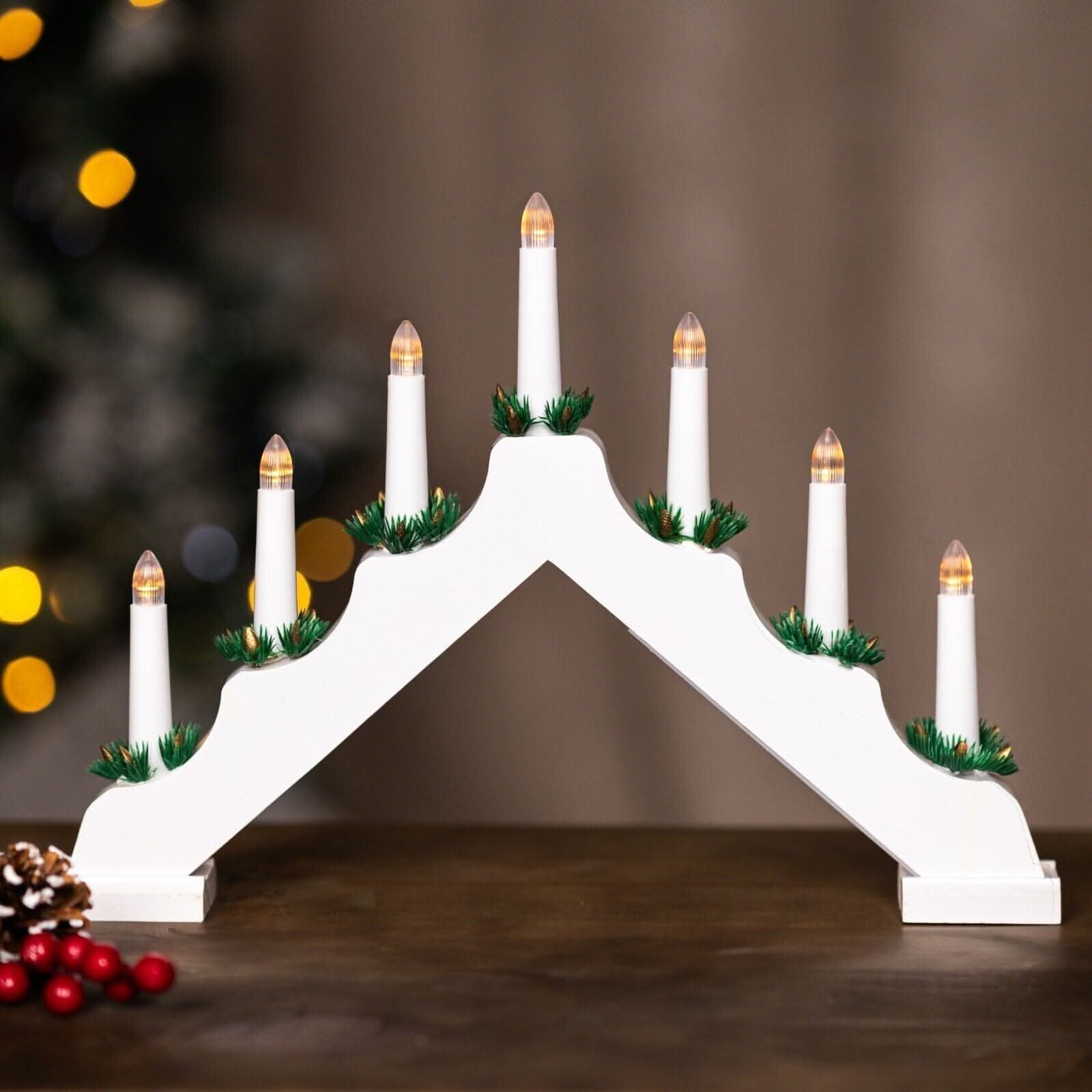 7 Bulb White Wooden Christmas Candle Bridge