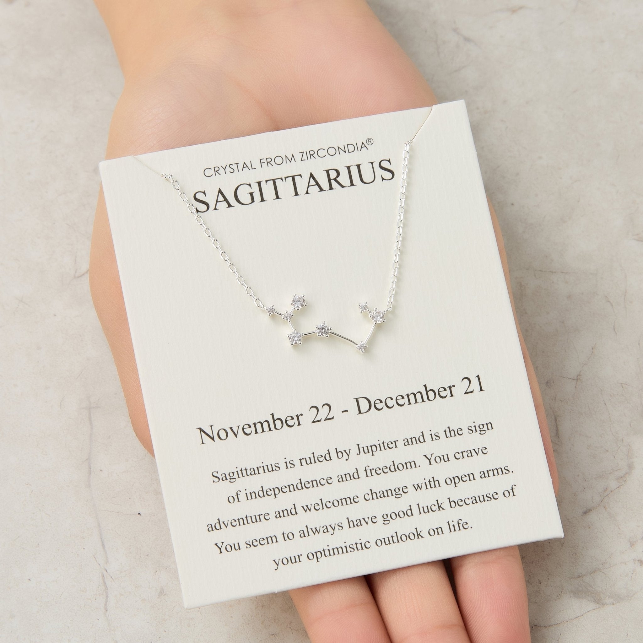 Sagittarius Star Sign Zodiac Constellation Necklace and Quote Card with Zircondia® Crystals