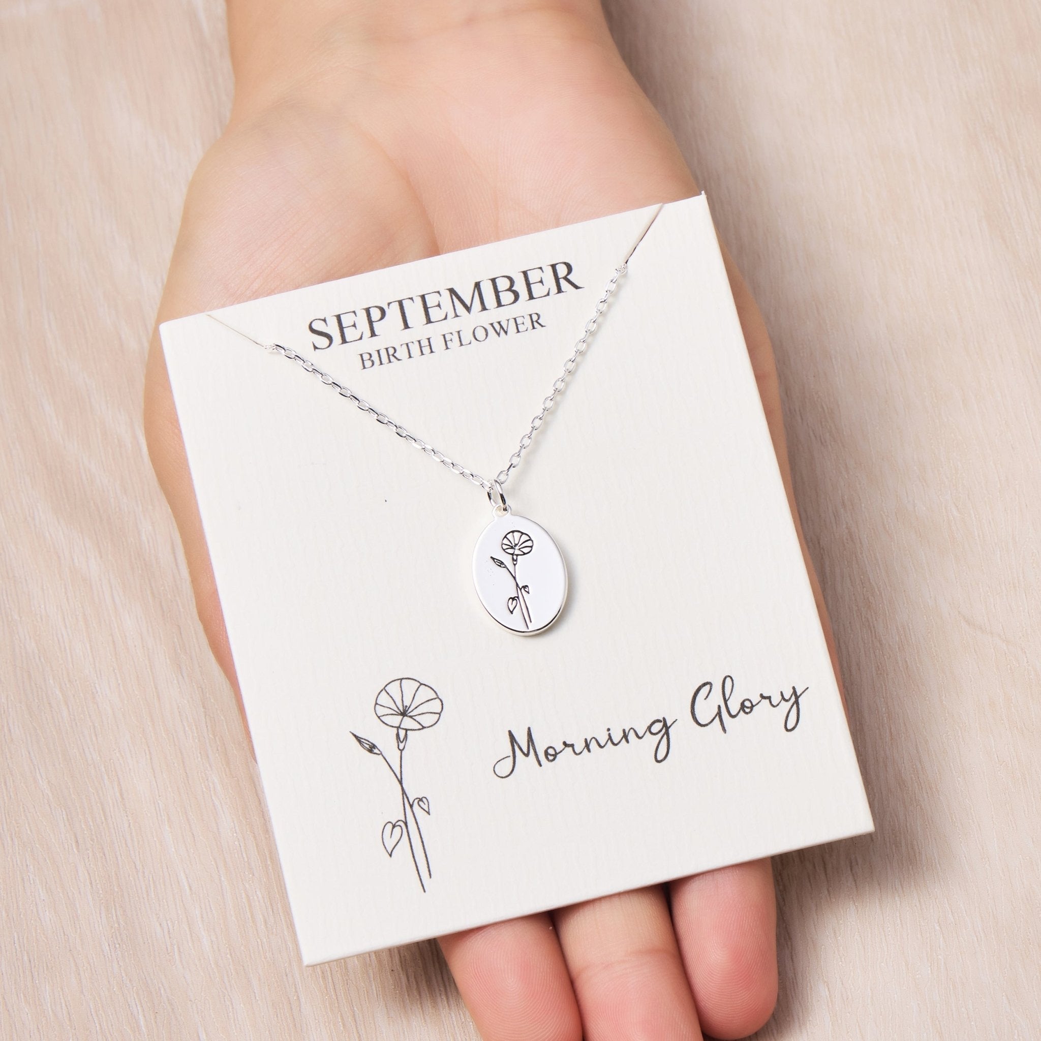 September Birth Flower Morning Glory Necklace with Card